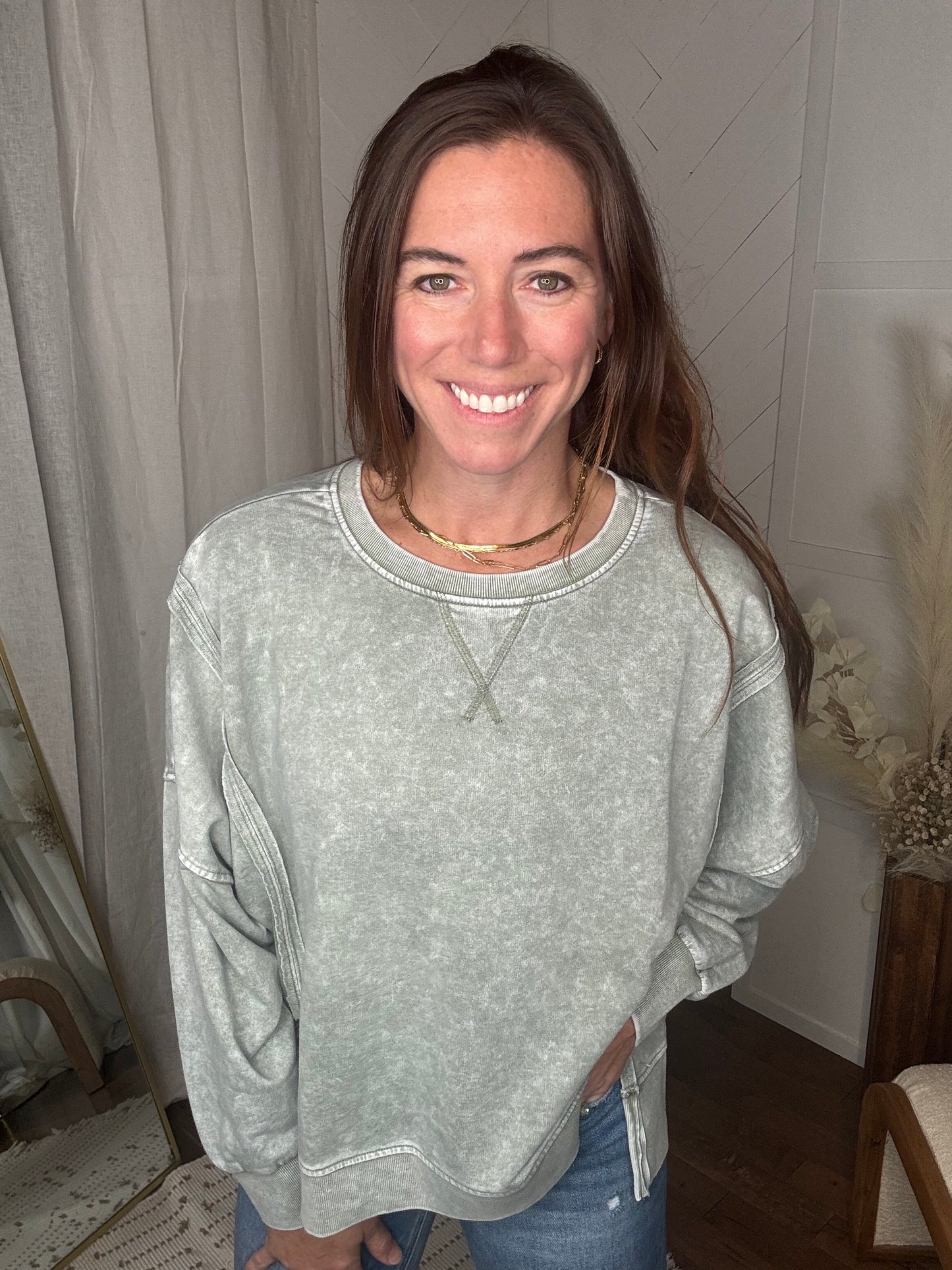 Sage Mineral Wash High Low Knit Top