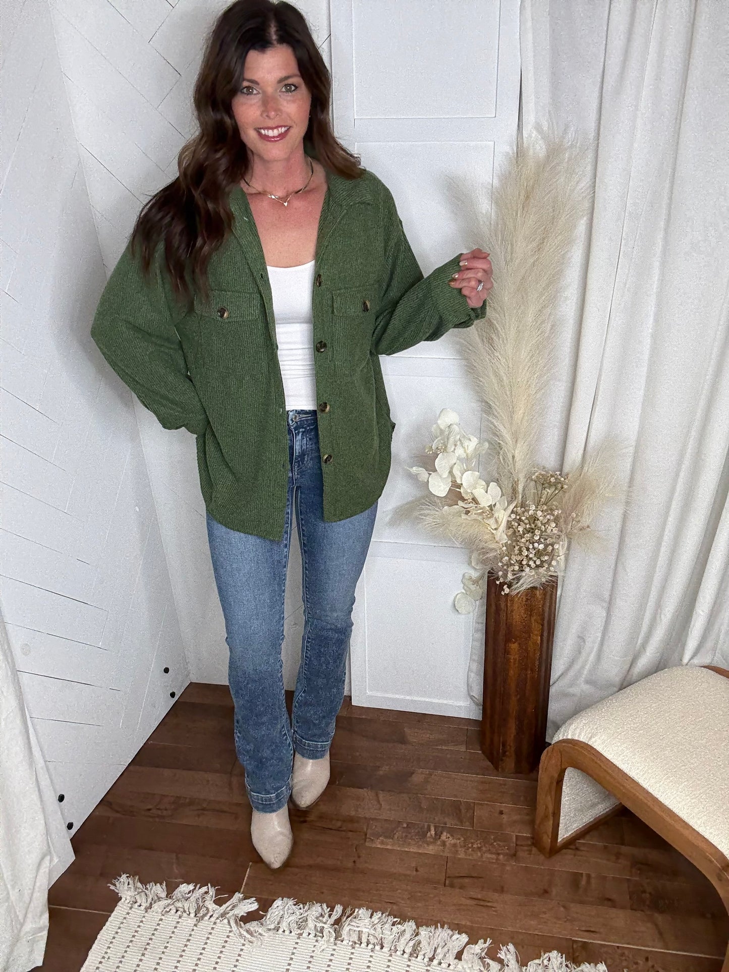 Brushed Waffle Shacket: Forest Green