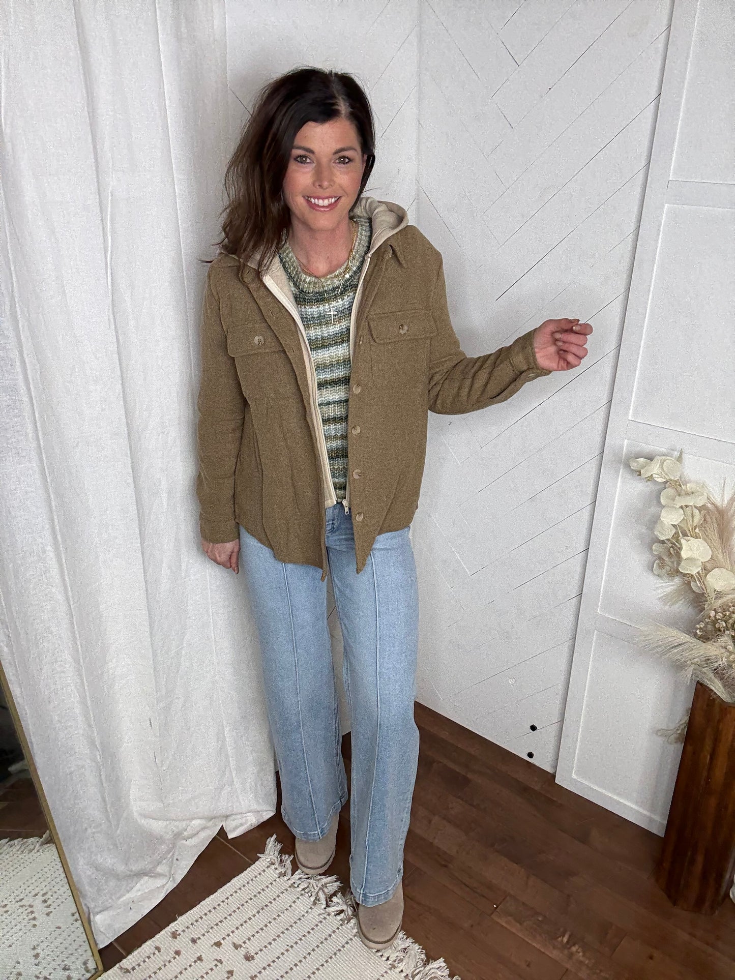 Mocha Contrast Button Down Shirt Jacket