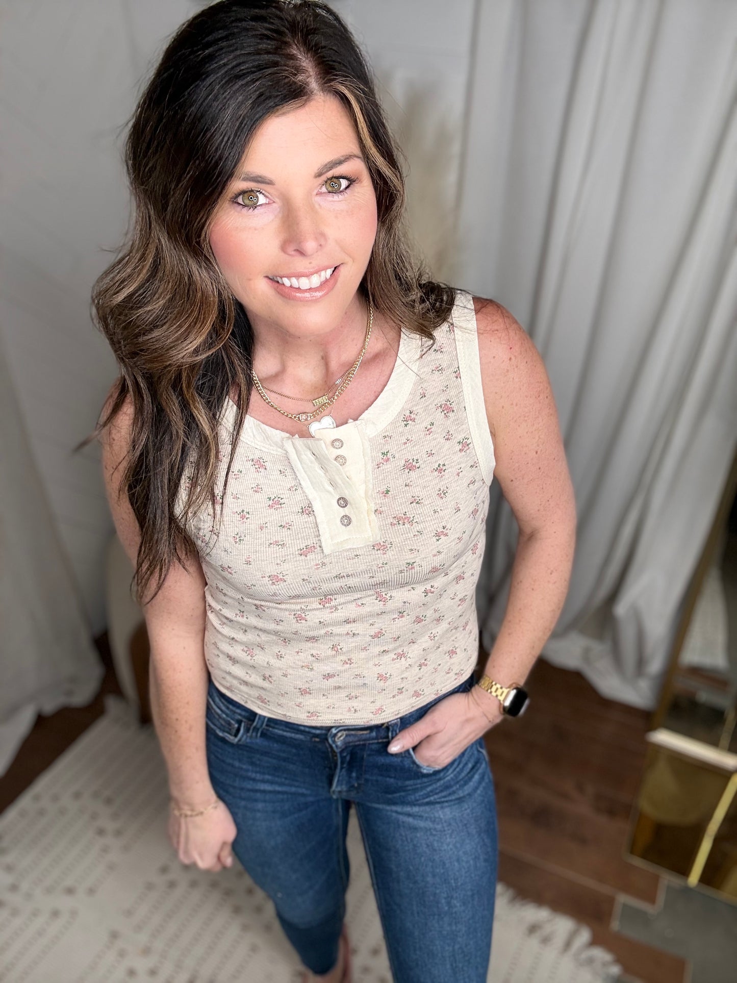 Oatmeal Floral Ribbed Button Tank