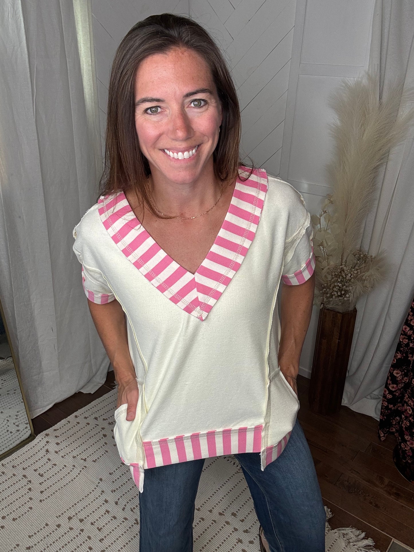 Ivory + Pink Mixed Stripe Top