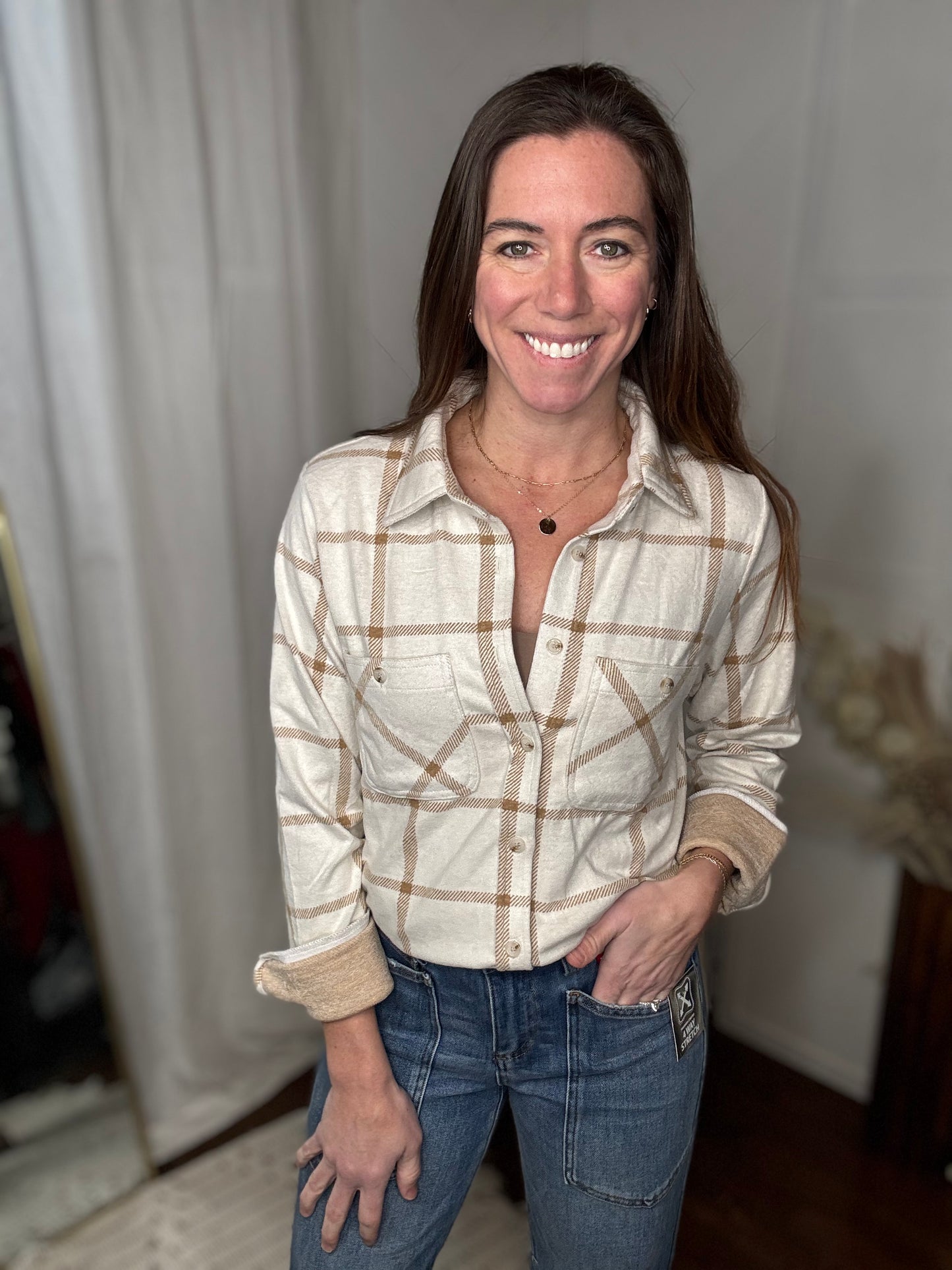 Cocoa Cream Plaid Button-Up Shirt