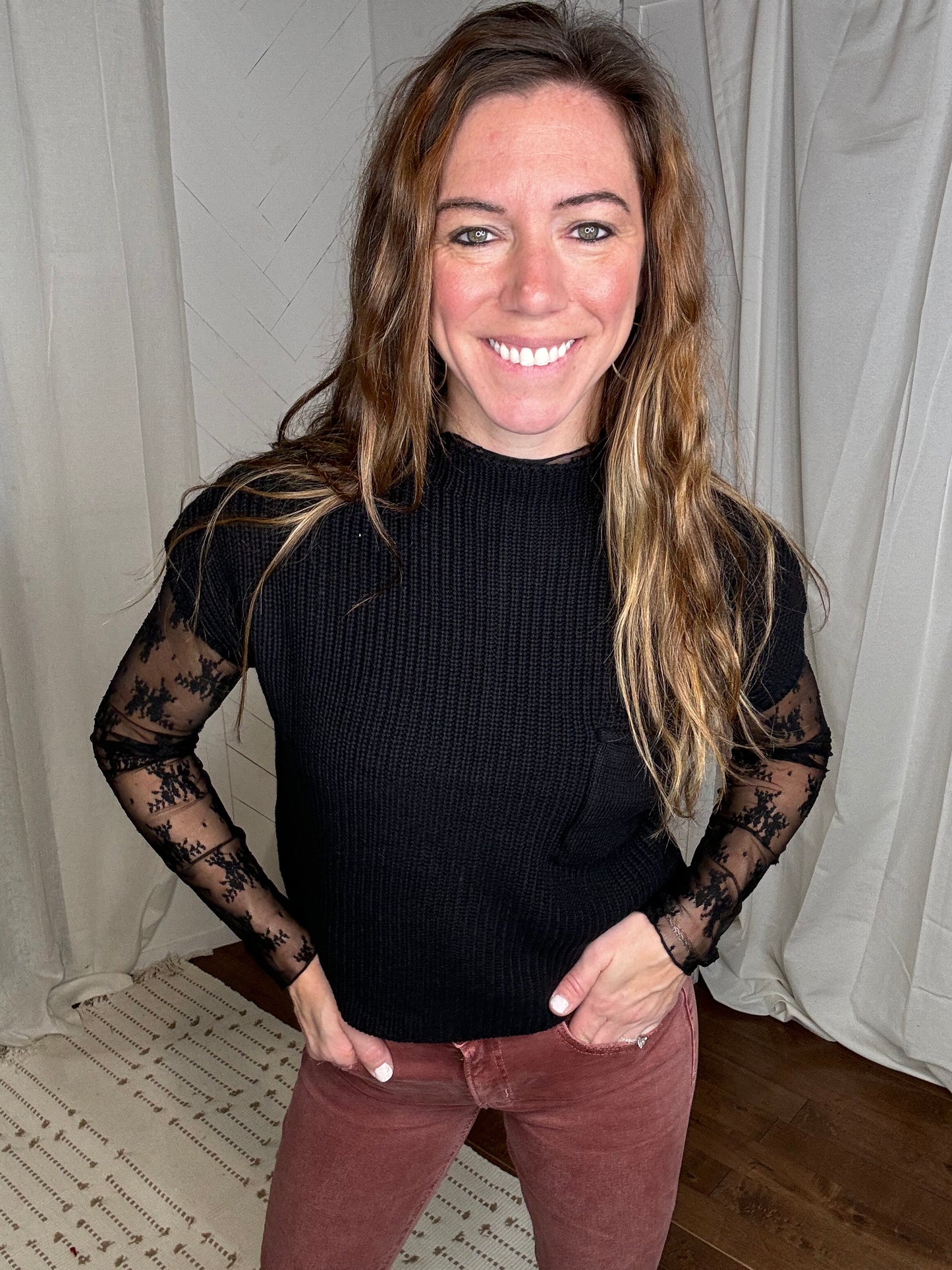 Floral Vines Mesh Lace Top: Black