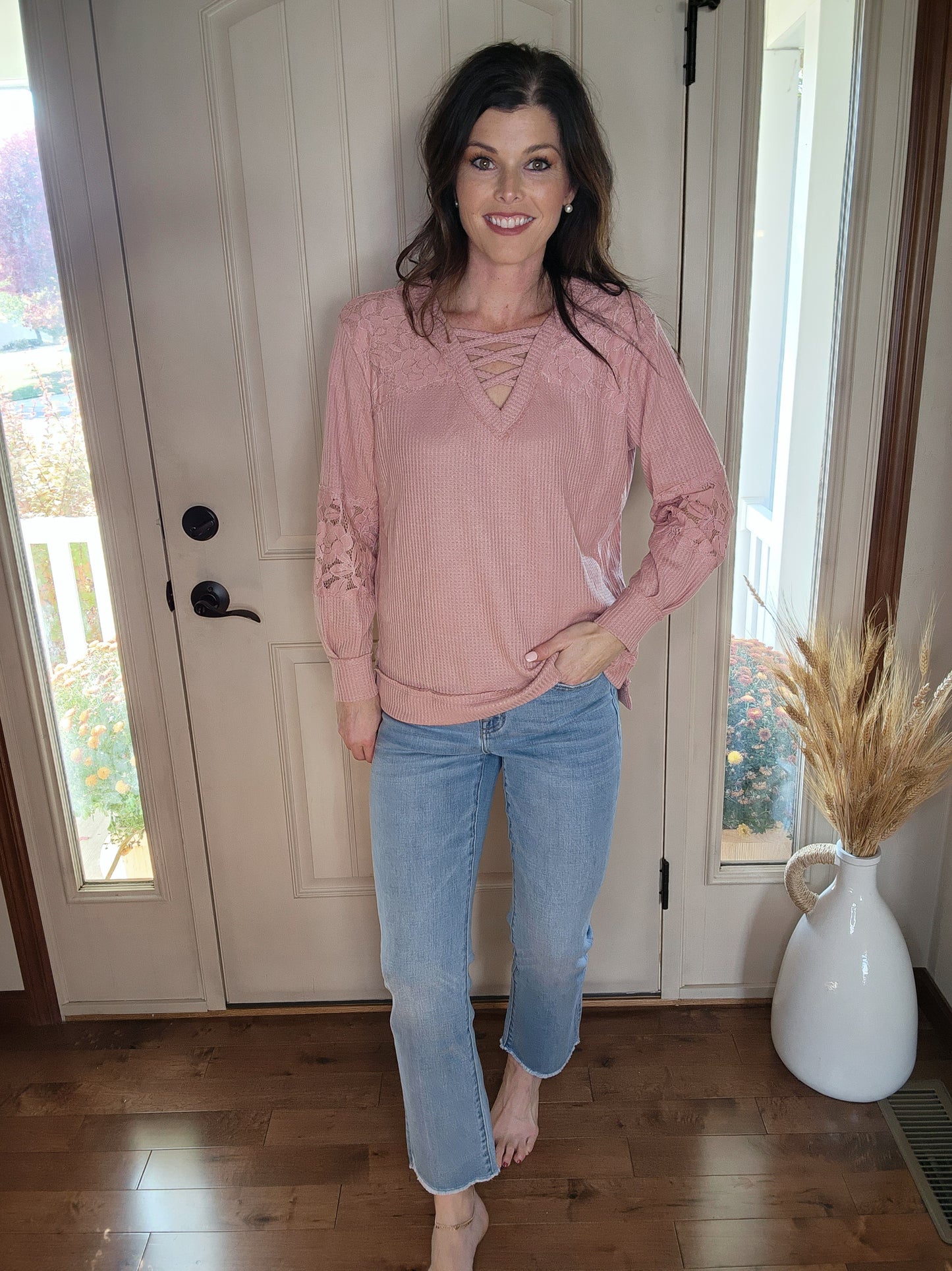 Lace Strappy V Neck Long Sleeve Top