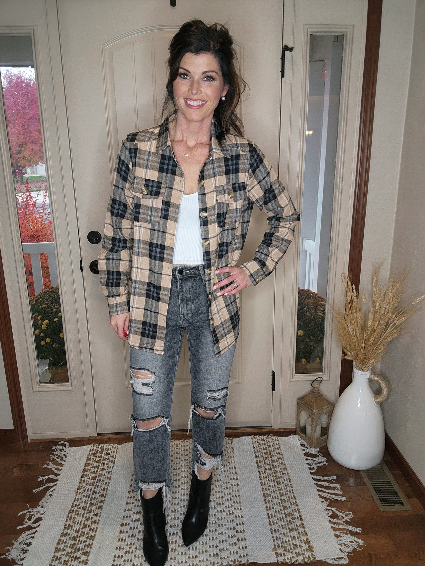 Taupe Plaid Button Up