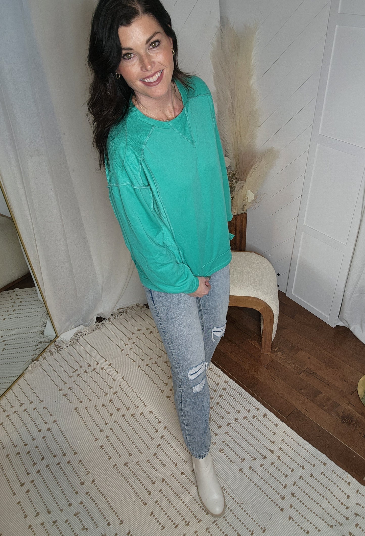 Mint Green Splicing Pullover Sweatshirt