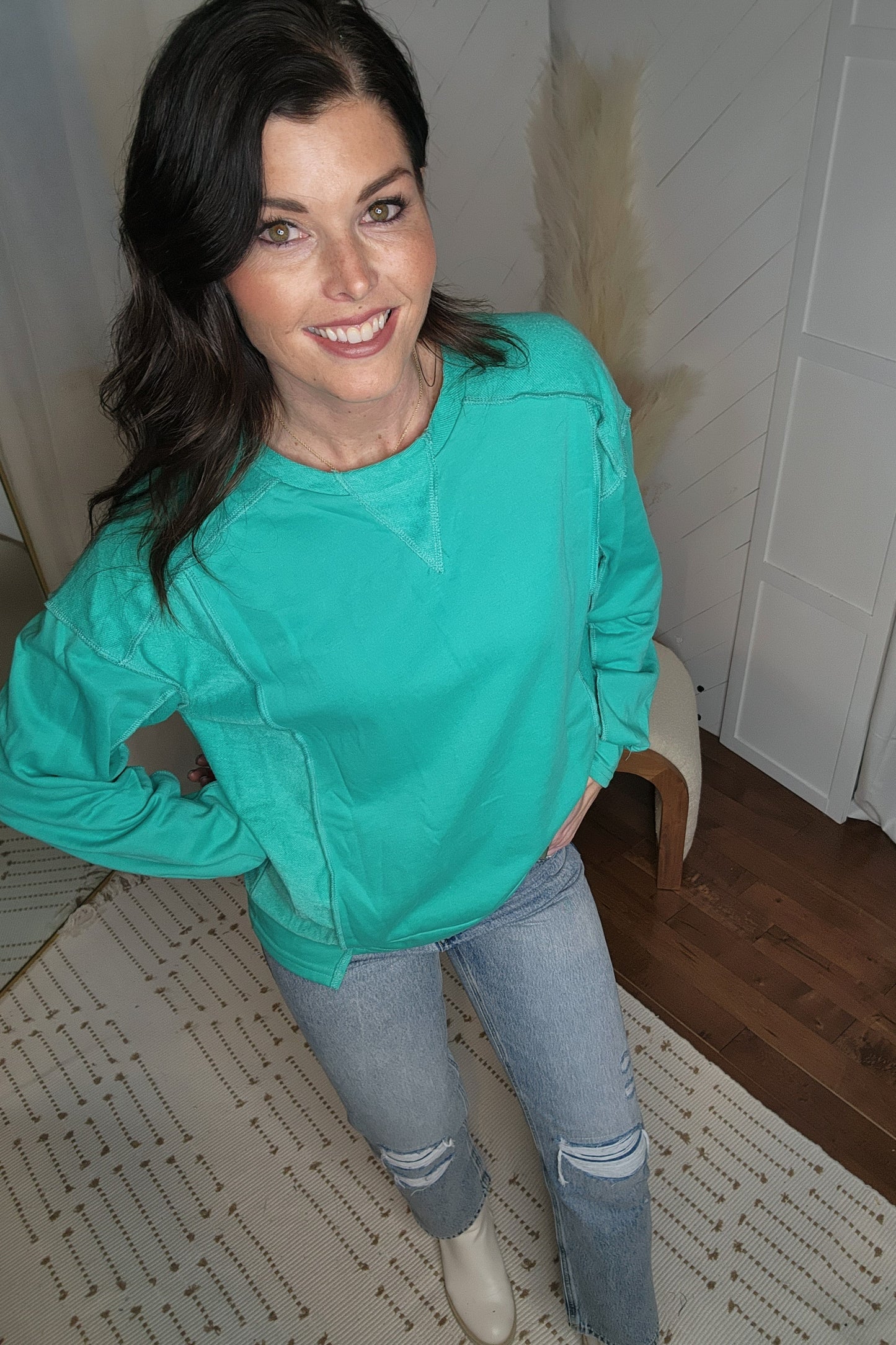Mint Green Splicing Pullover Sweatshirt