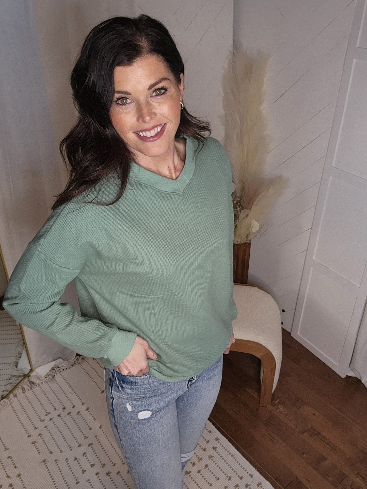 Moody Mint Waffle V Neck Top
