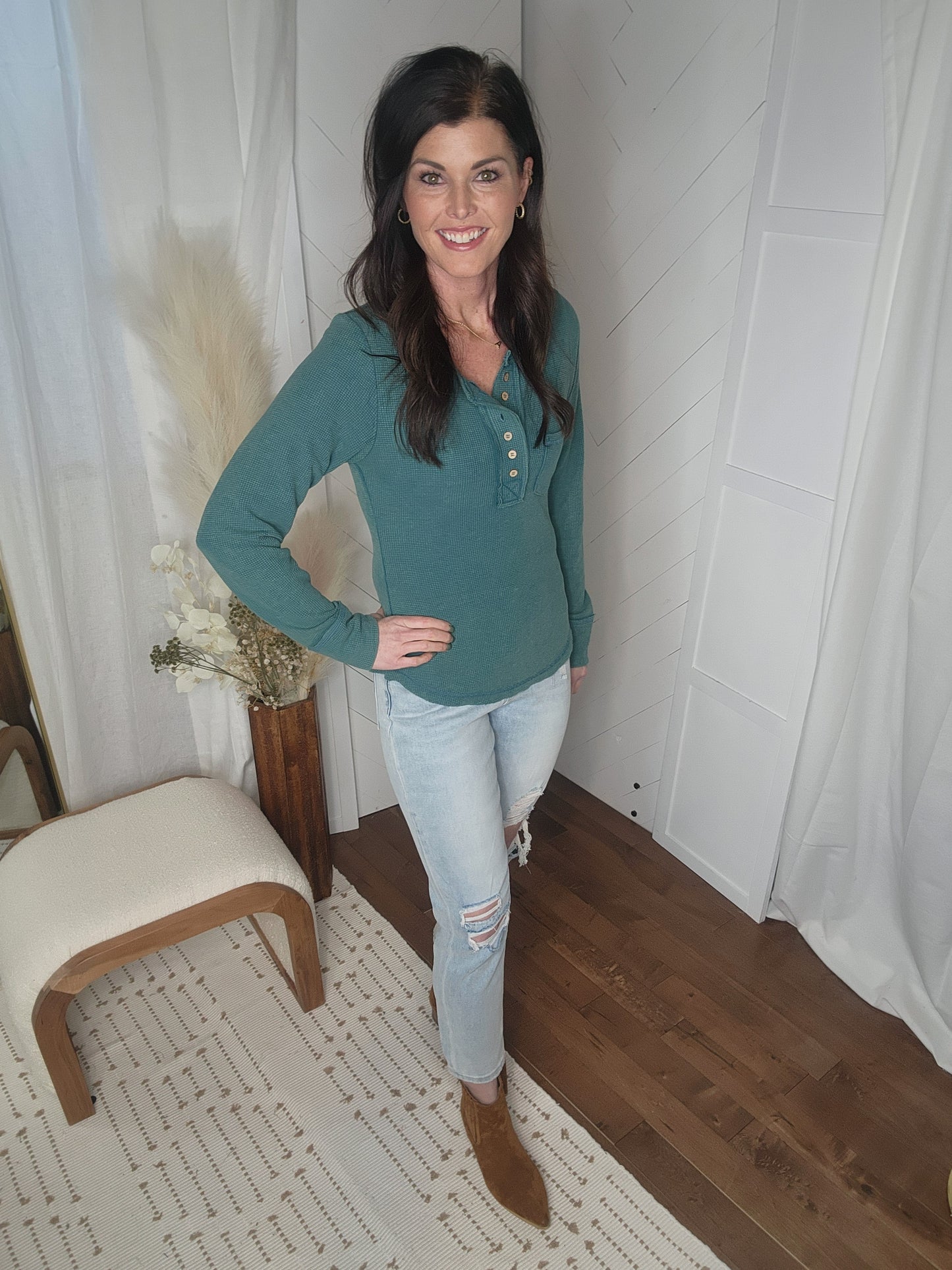 Everyday Waffle Knit Top: Forest
