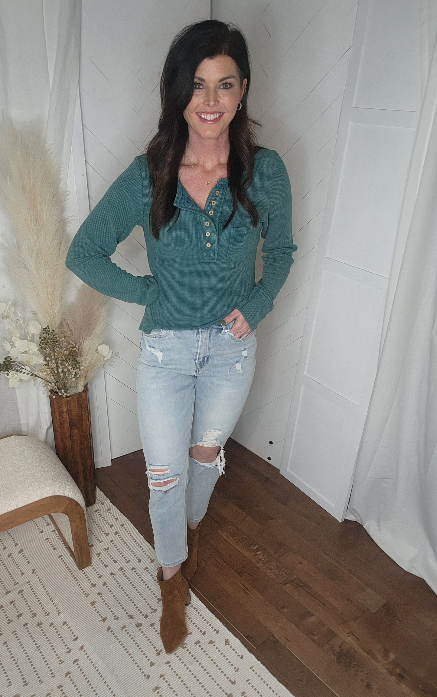 Everyday Waffle Knit Top: Forest