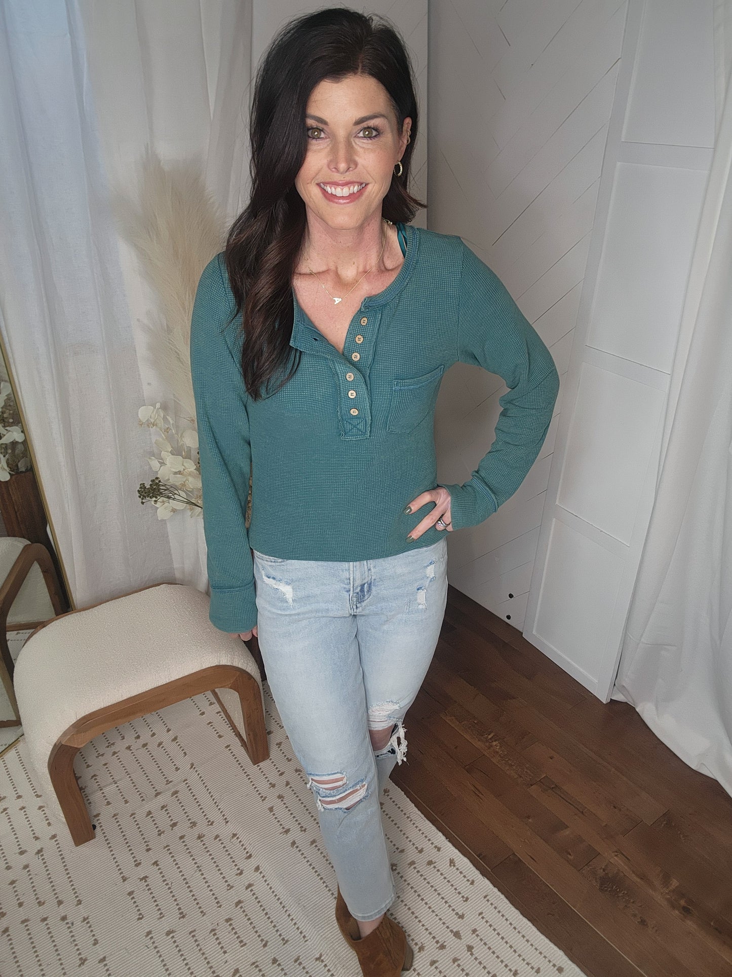 Everyday Waffle Knit Top: Forest