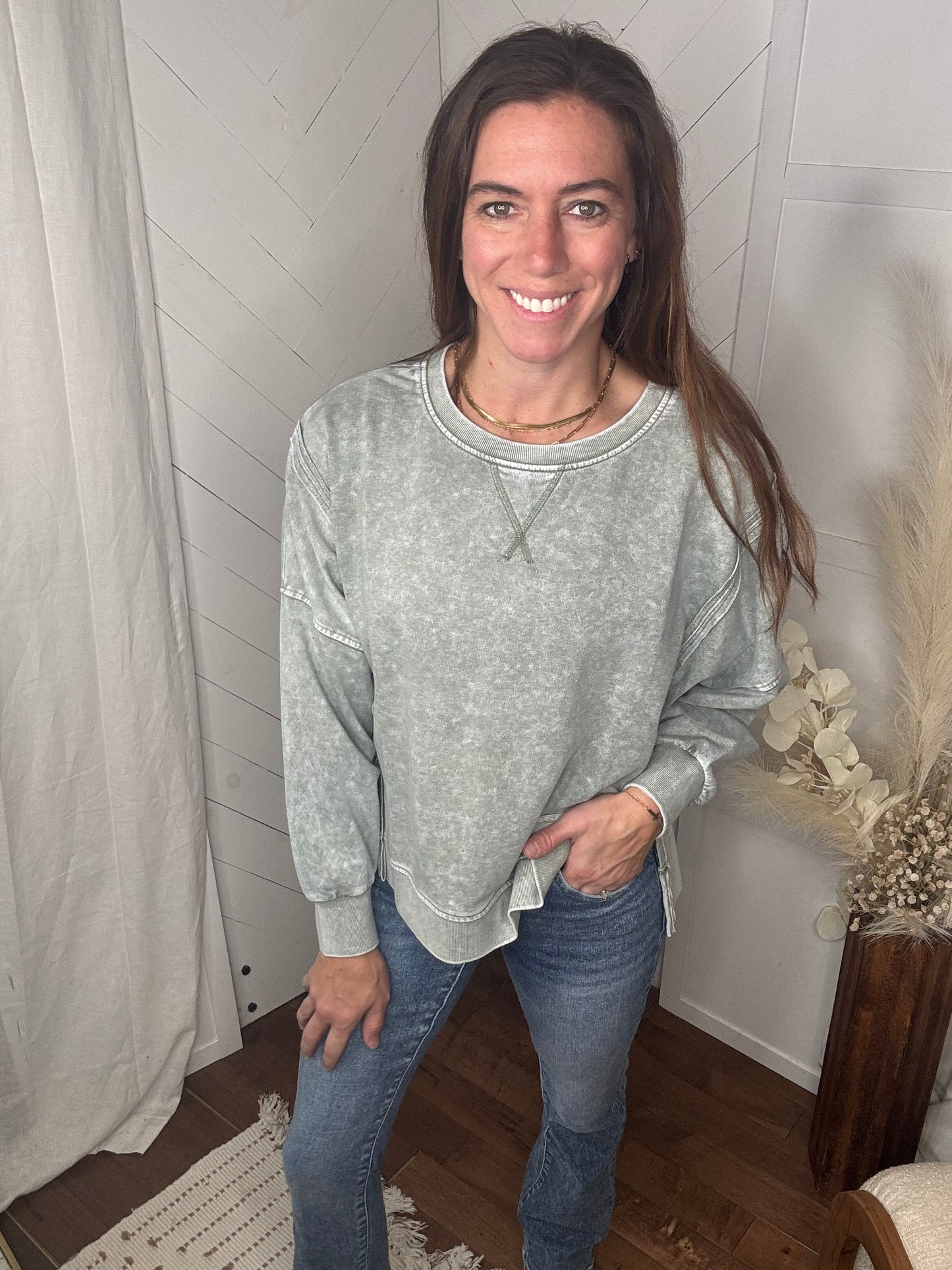 Sage Mineral Wash High Low Knit Top