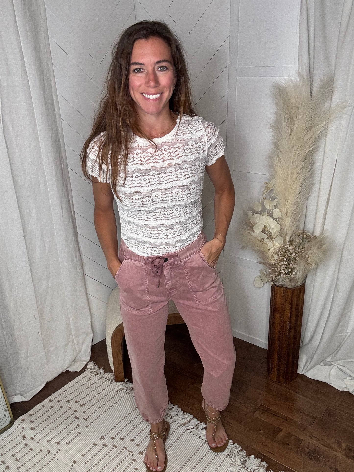 Mica High Rise Drawstring Joggers: Blush