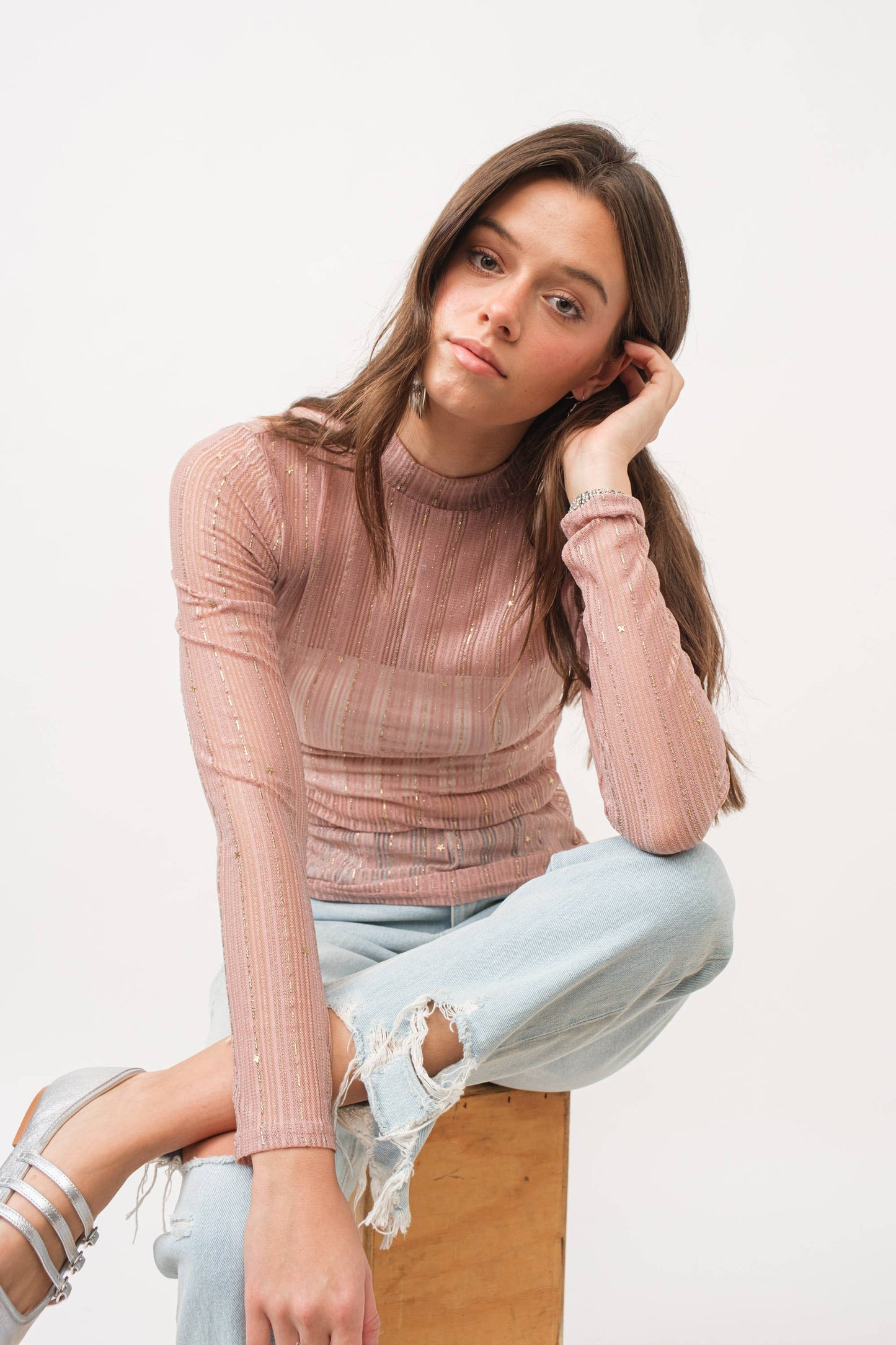 Metallic Stripe Mesh Mock Neck Top: Rose Gold
