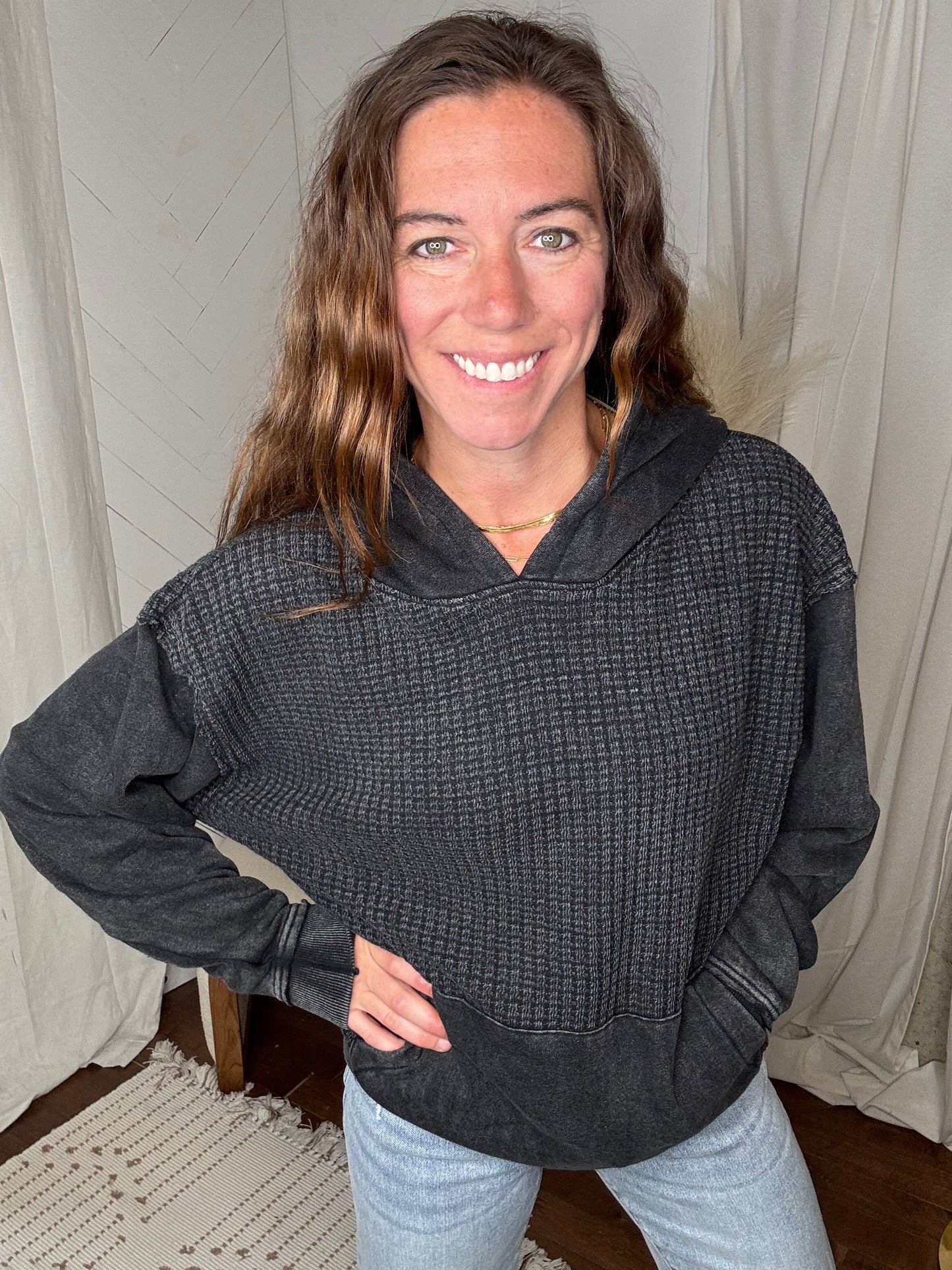 Waffle Knit Hoodie: Black