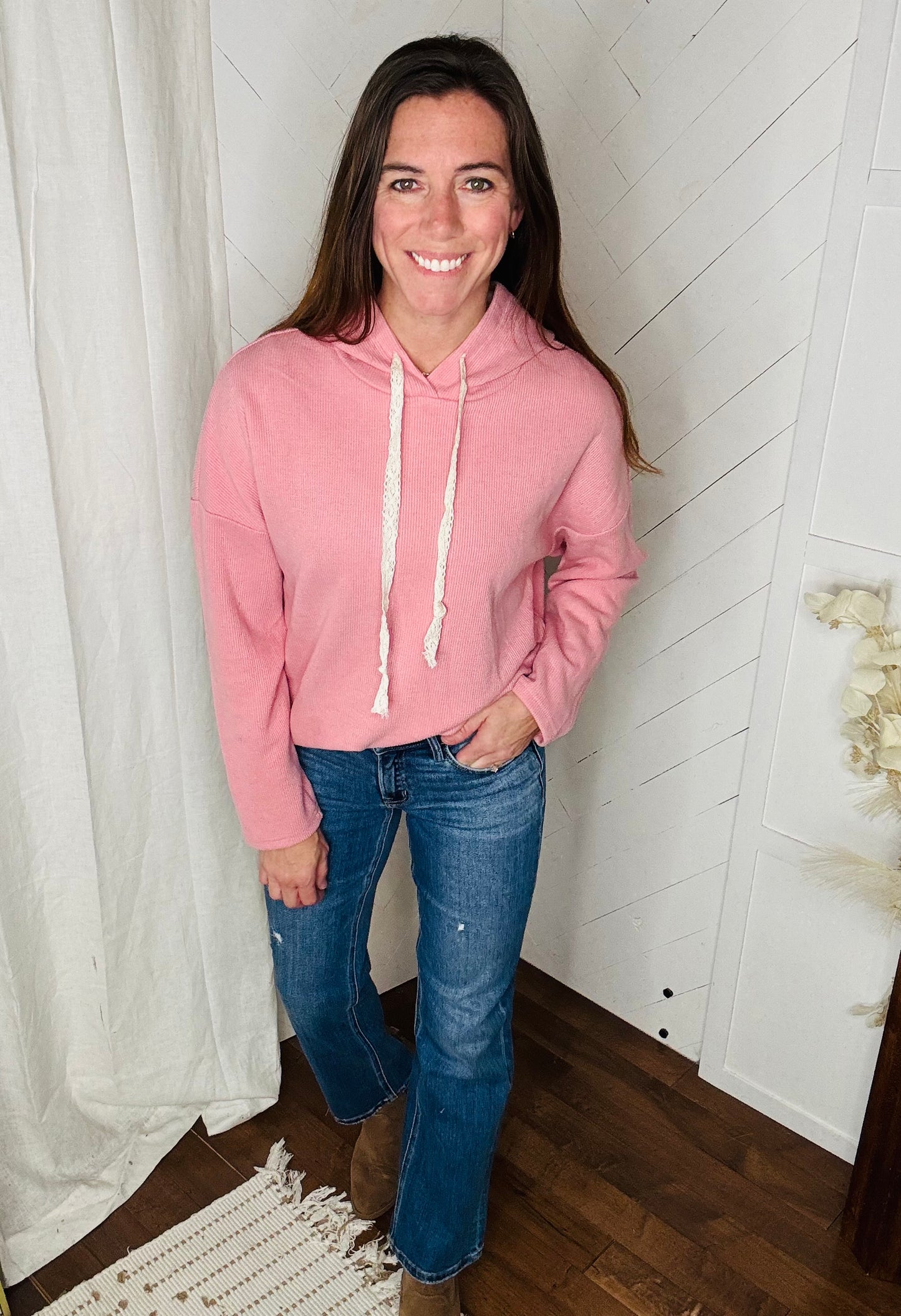 Rose Textured Drawstring Hoodie