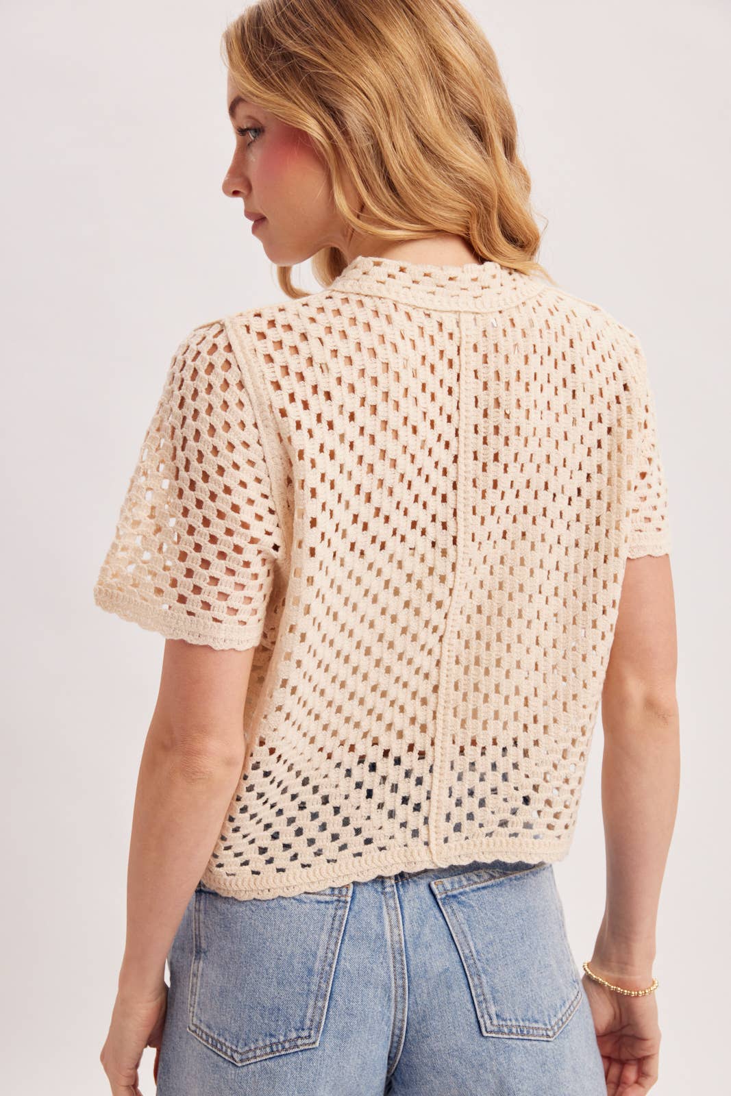Ivory Button Down Crochet Knit Top