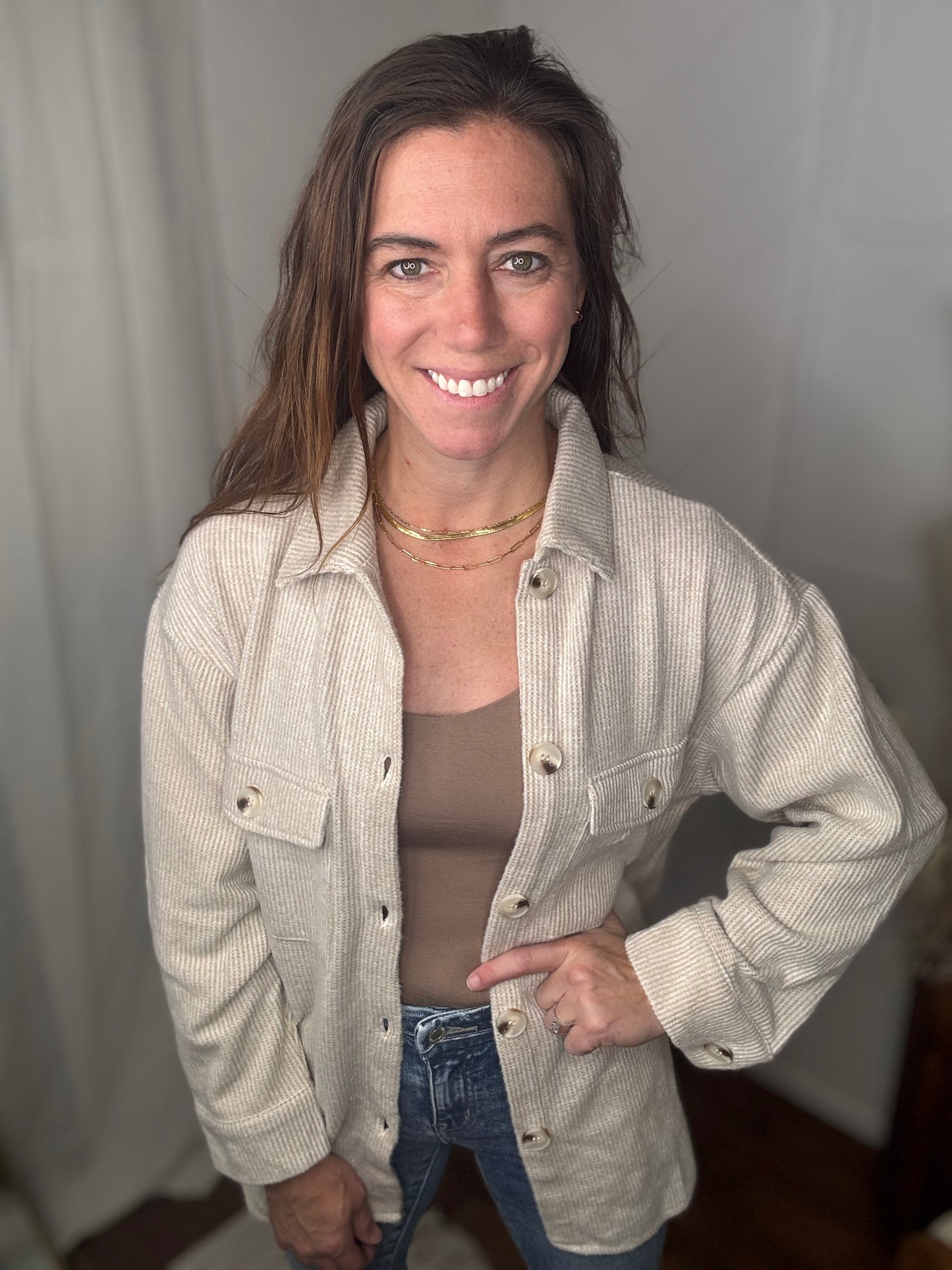Brushed Waffle Shacket: Oatmeal