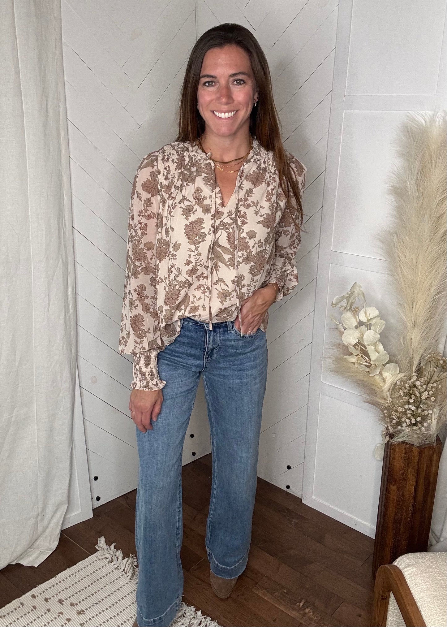 Taupe Floral Smock Top