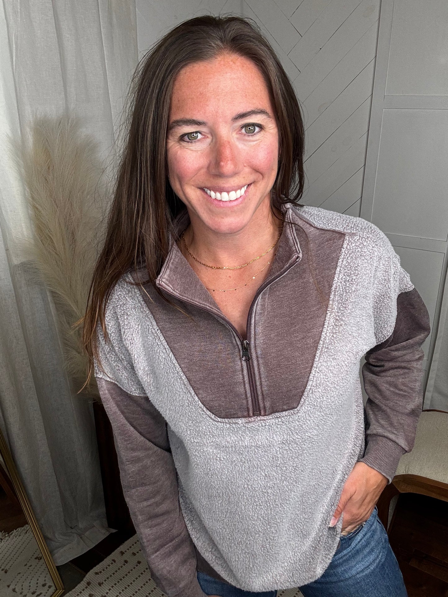 Brown Mixed Quarter Zip Sweatshirt