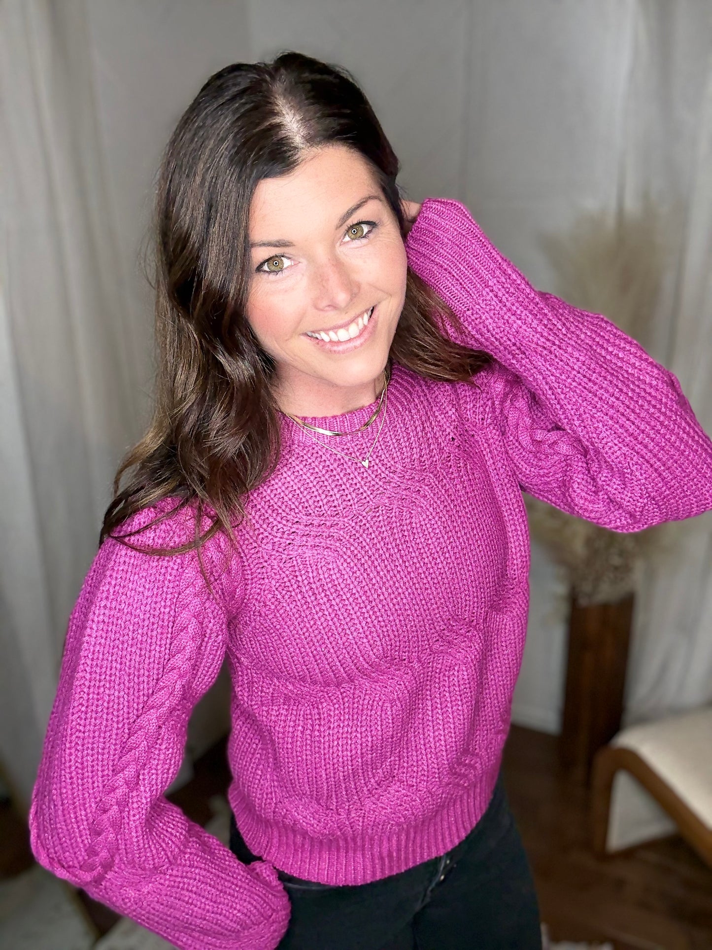 Raspberry Braided Puff Sleeve Sweater
