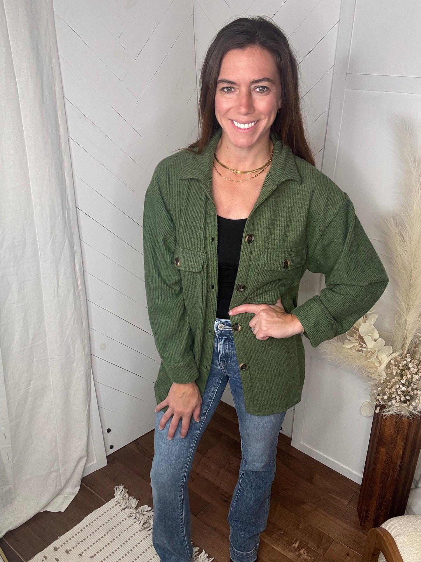 Brushed Waffle Shacket: Forest Green