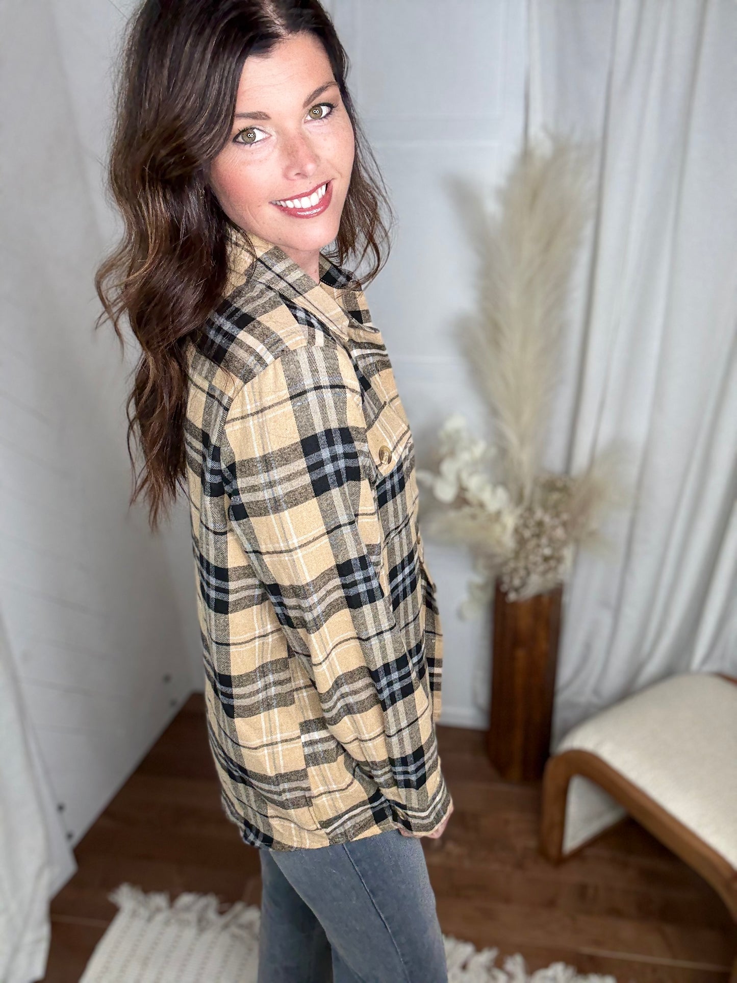 Taupe Plaid Button Up
