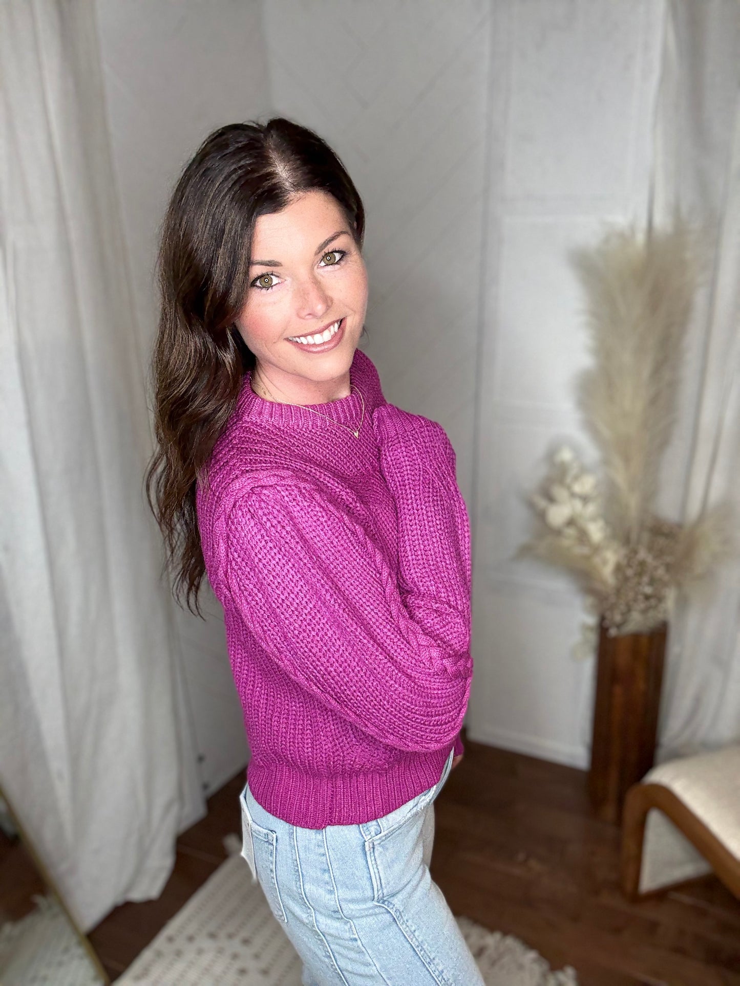 Raspberry Braided Puff Sleeve Sweater
