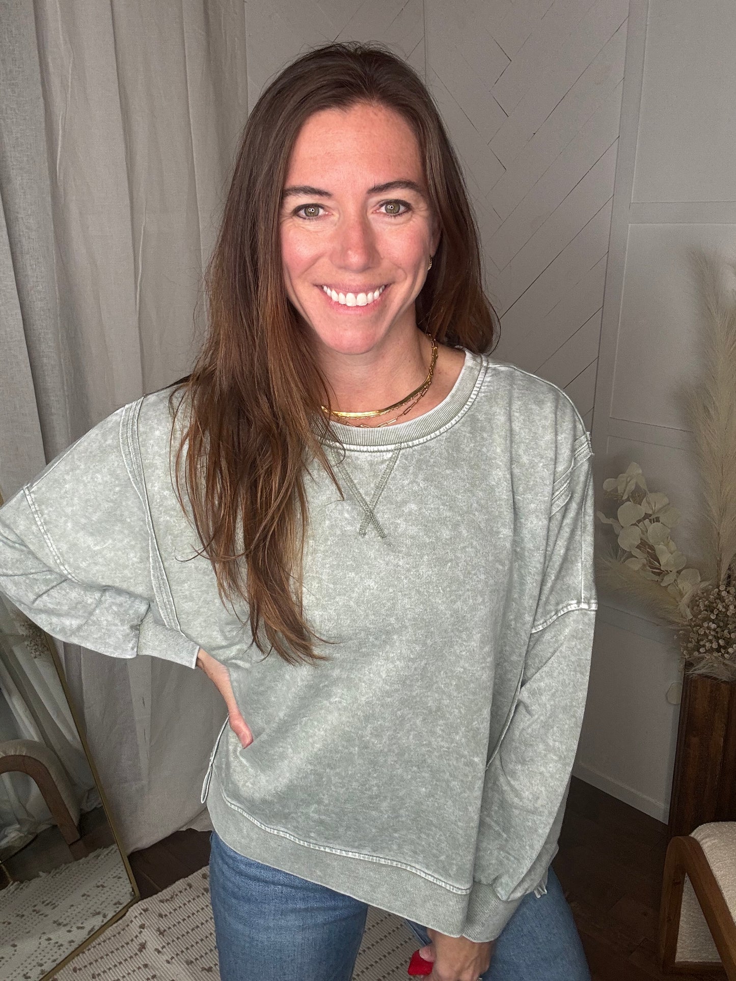 Sage Mineral Wash High Low Knit Top