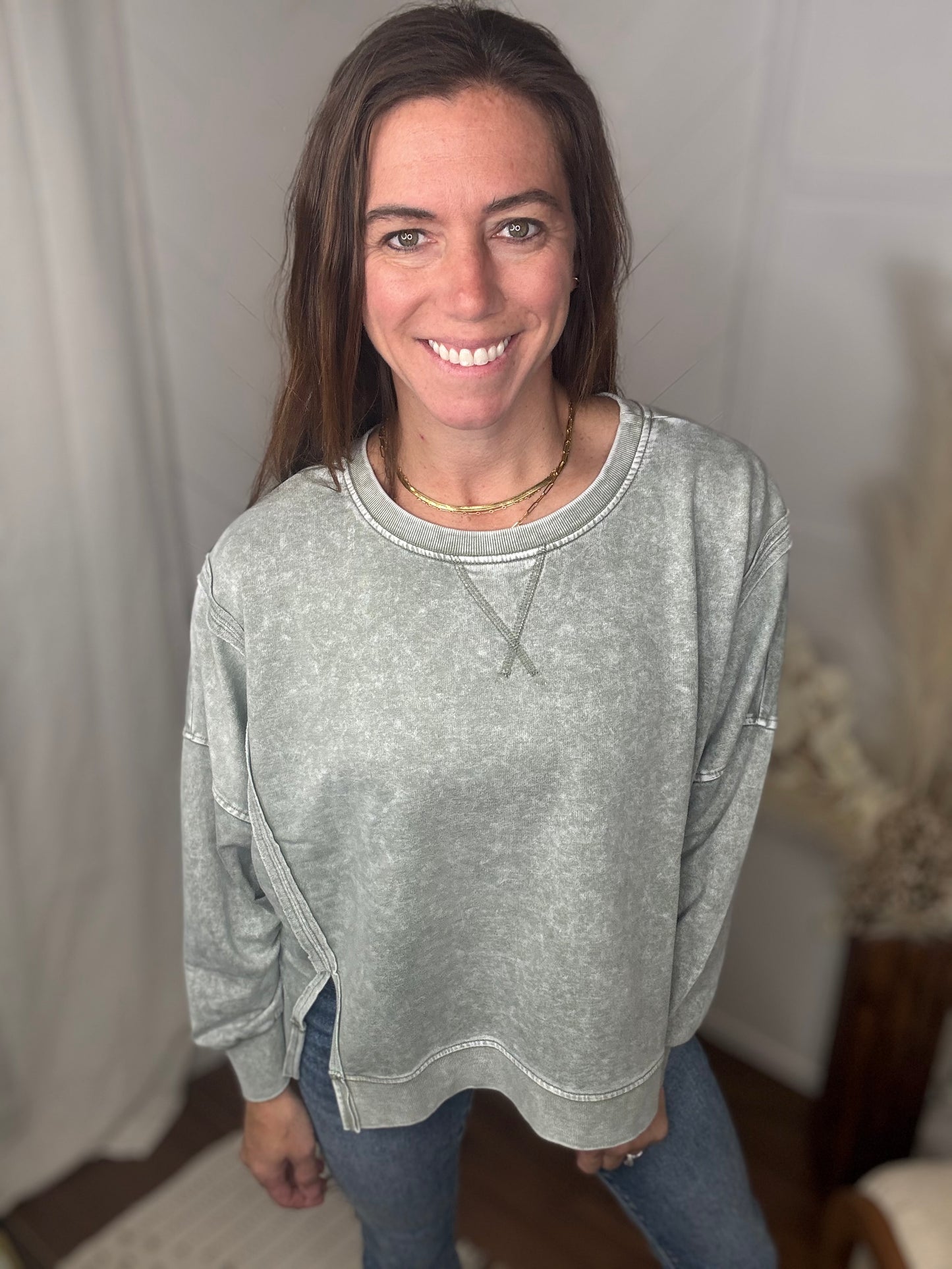 Sage Mineral Wash High Low Knit Top