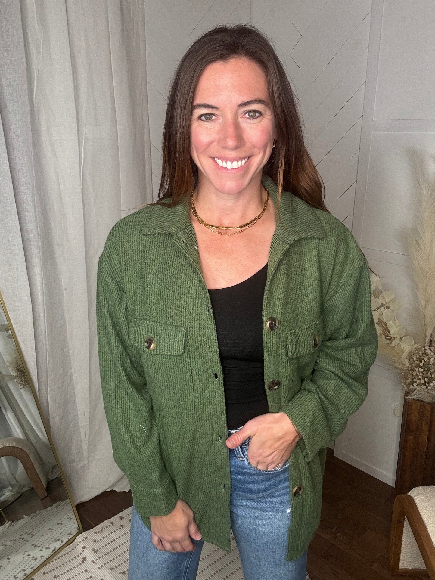 Brushed Waffle Shacket: Forest Green