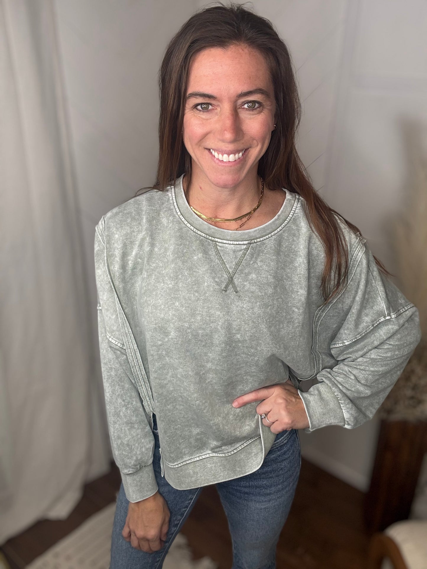 Sage Mineral Wash High Low Knit Top