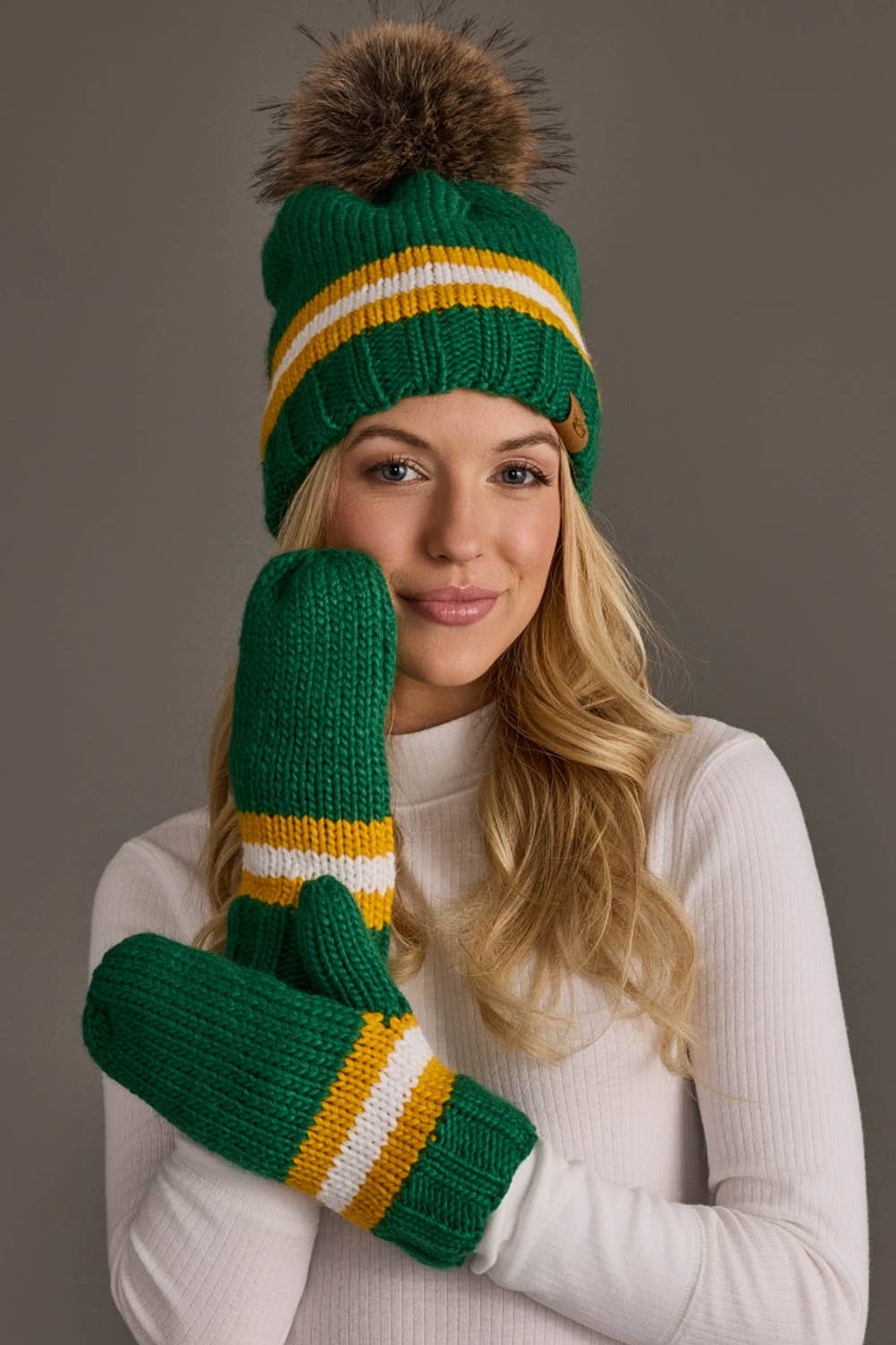 Green, Gold & White Knit Mittens