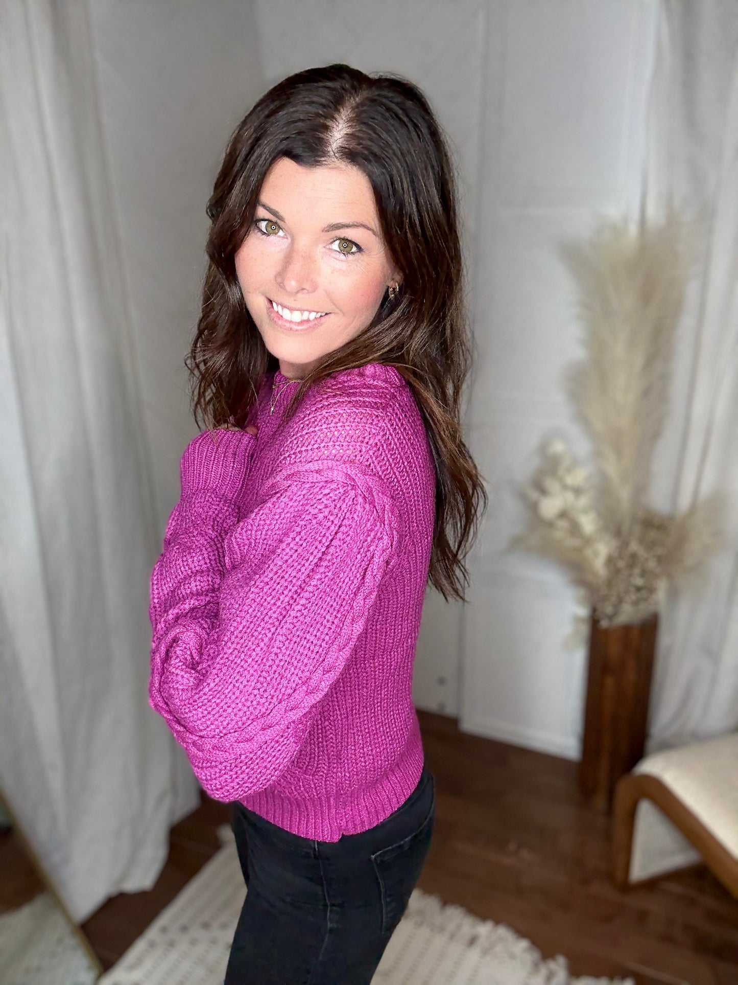 Raspberry Braided Puff Sleeve Sweater