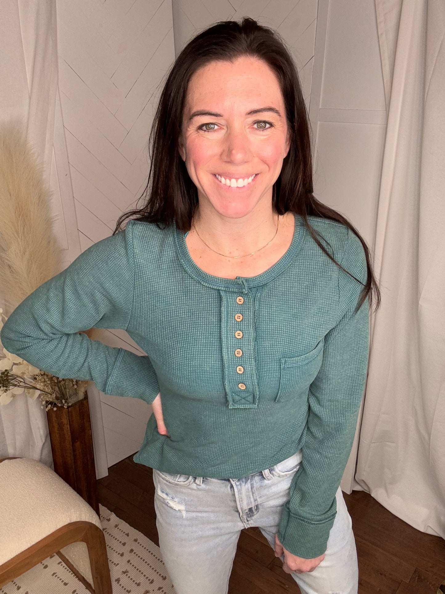 Everyday Waffle Knit Top: Forest