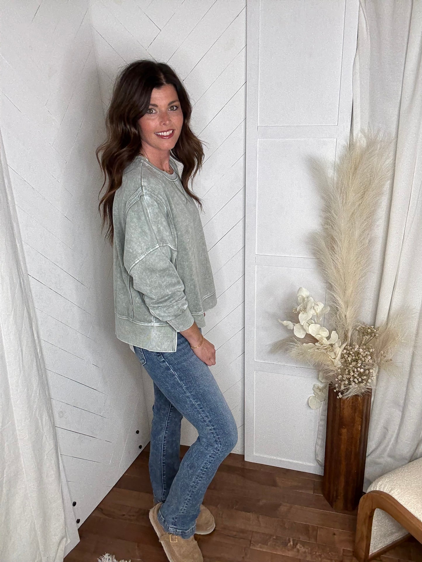 Sage Mineral Wash High Low Knit Top