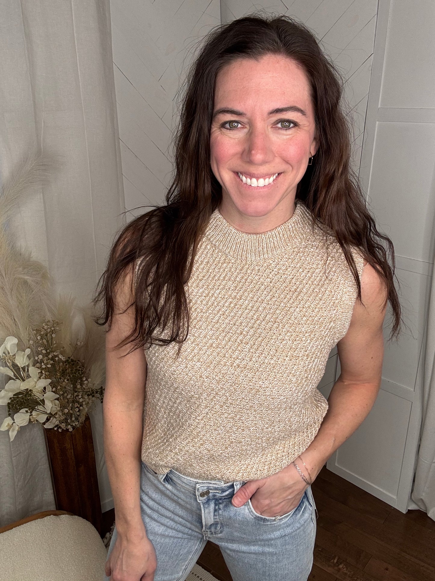 Taupe Sleeveless Crew Neck Sweater
