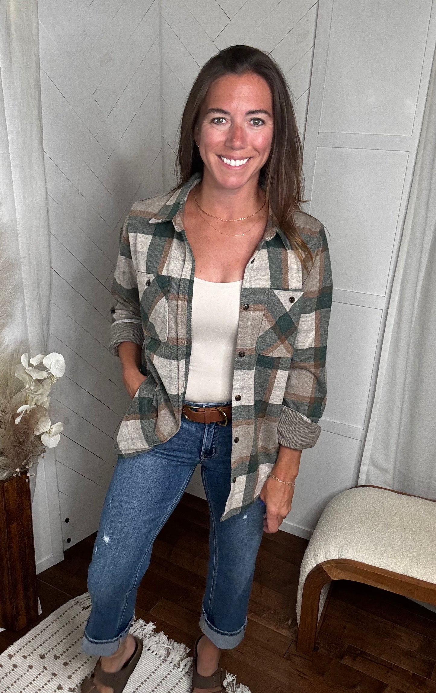 Tan, Dk. Green & Rust Plaid Button Up