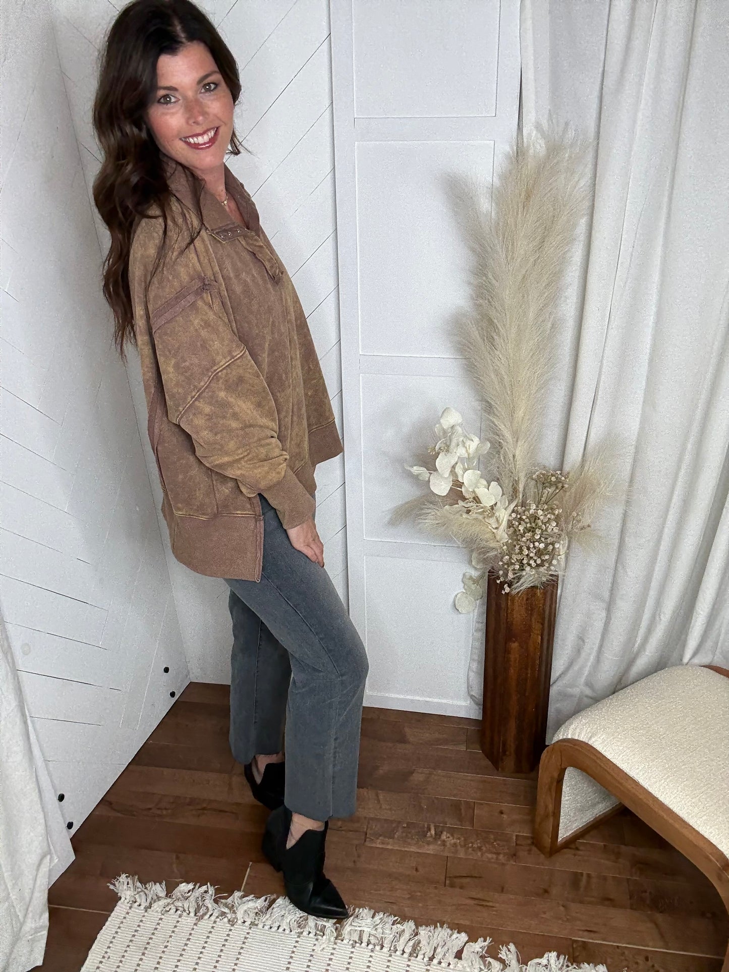 Mocha Washed Henley Sweatshirt