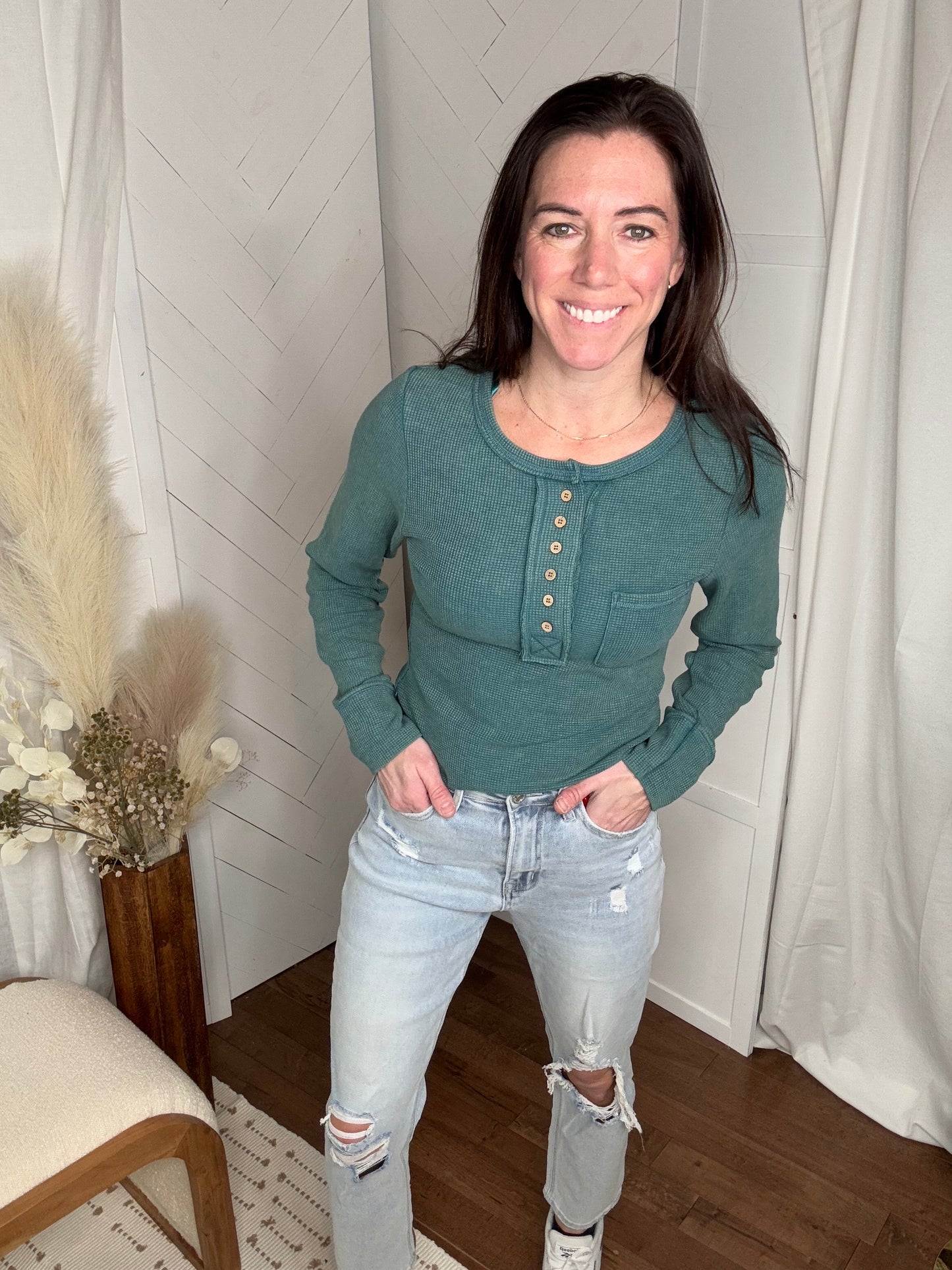 Everyday Waffle Knit Top: Forest