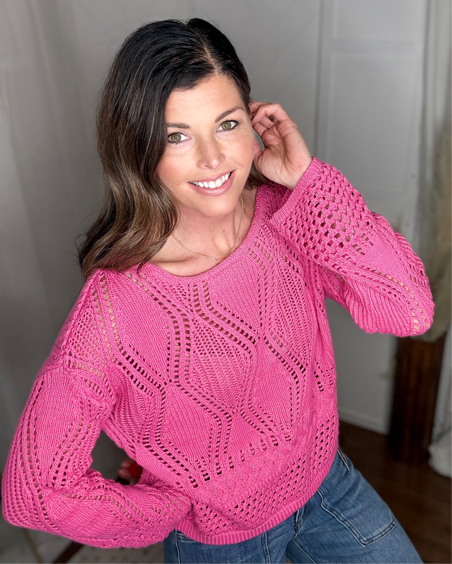 Fuchsia Breeze Open Crochet Sweater