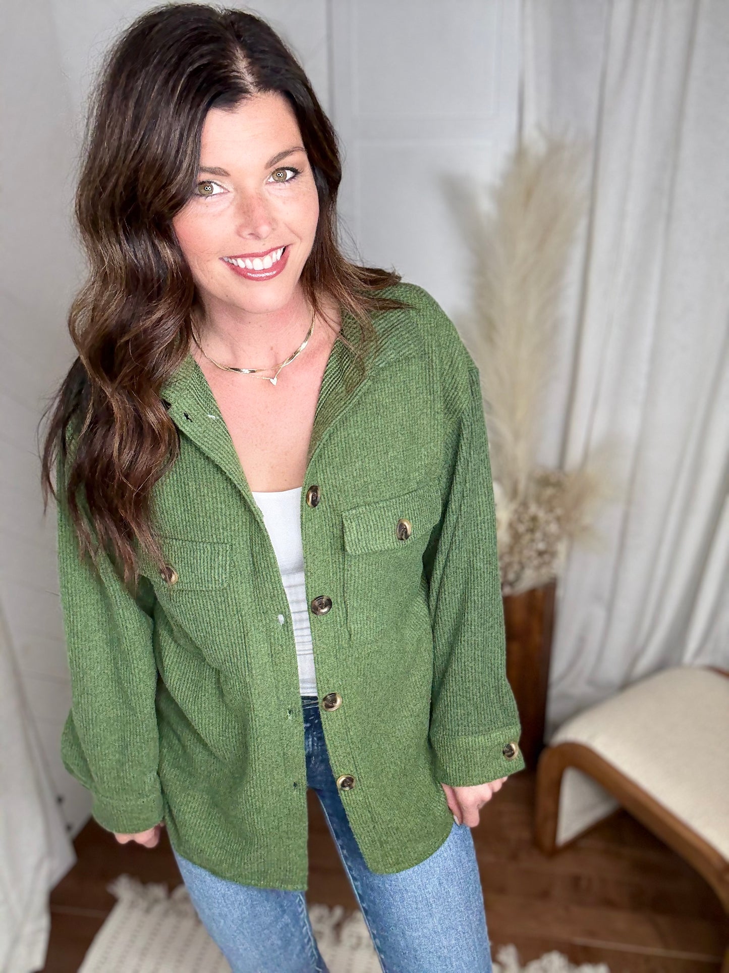 Brushed Waffle Shacket: Forest Green