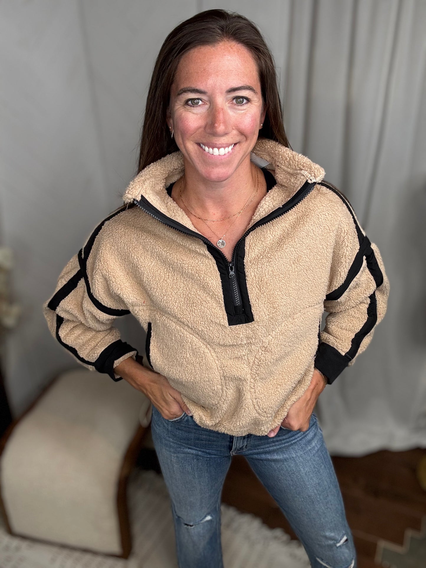 Tan & Black Half Zip Sherpa Fleece Sweatshirt