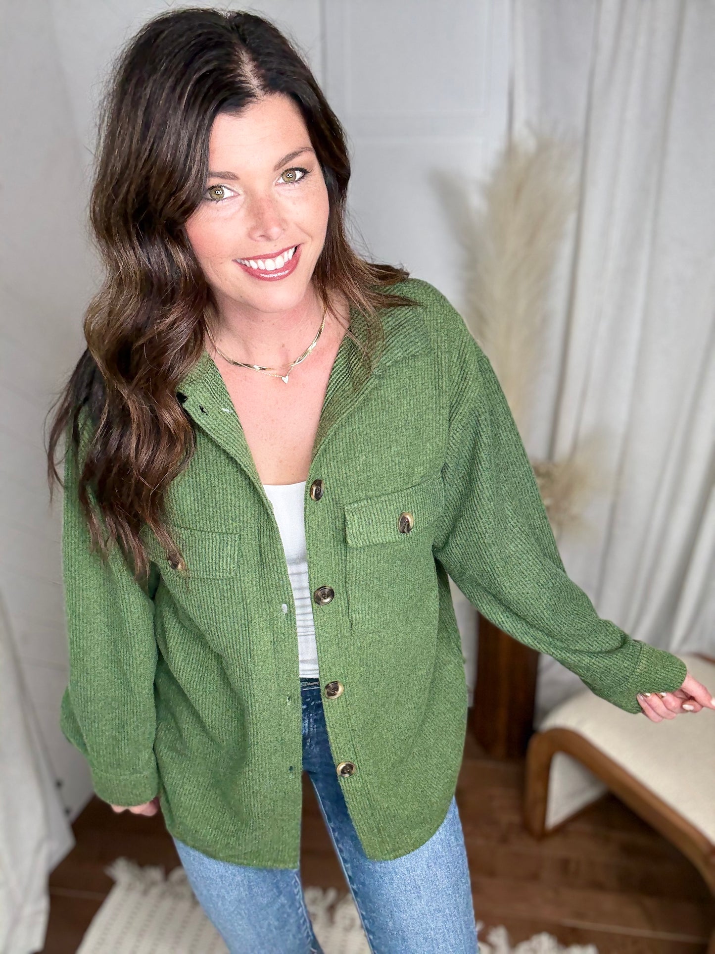 Brushed Waffle Shacket: Forest Green