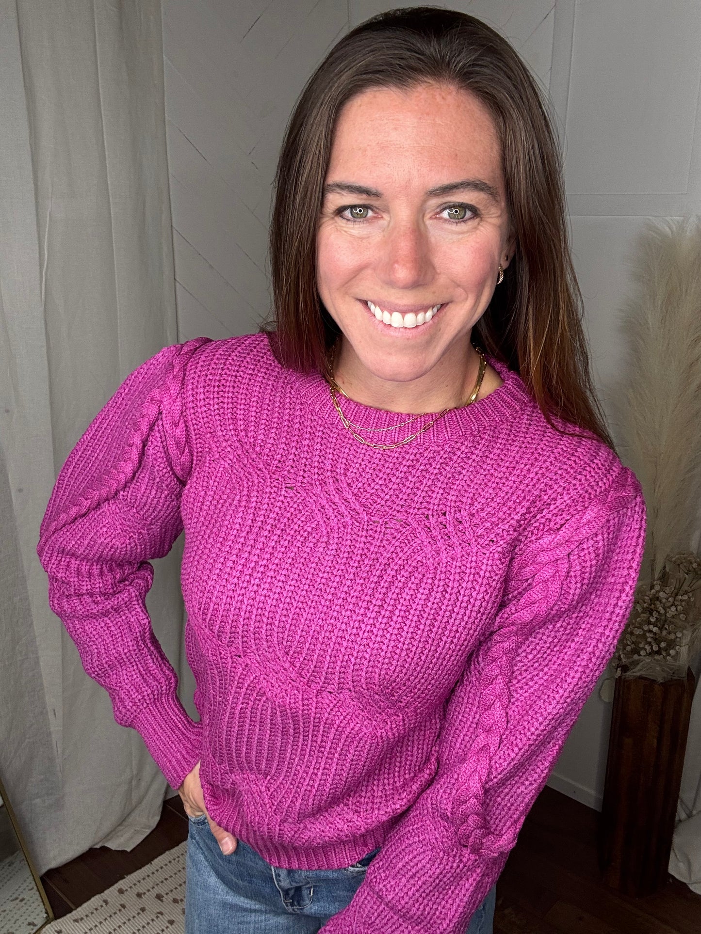 Raspberry Braided Puff Sleeve Sweater