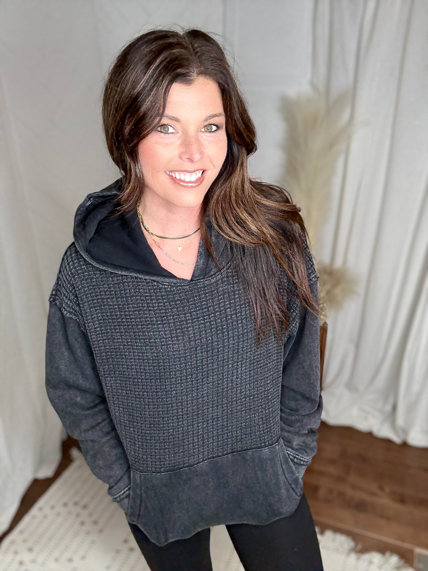 Waffle Knit Hoodie: Black