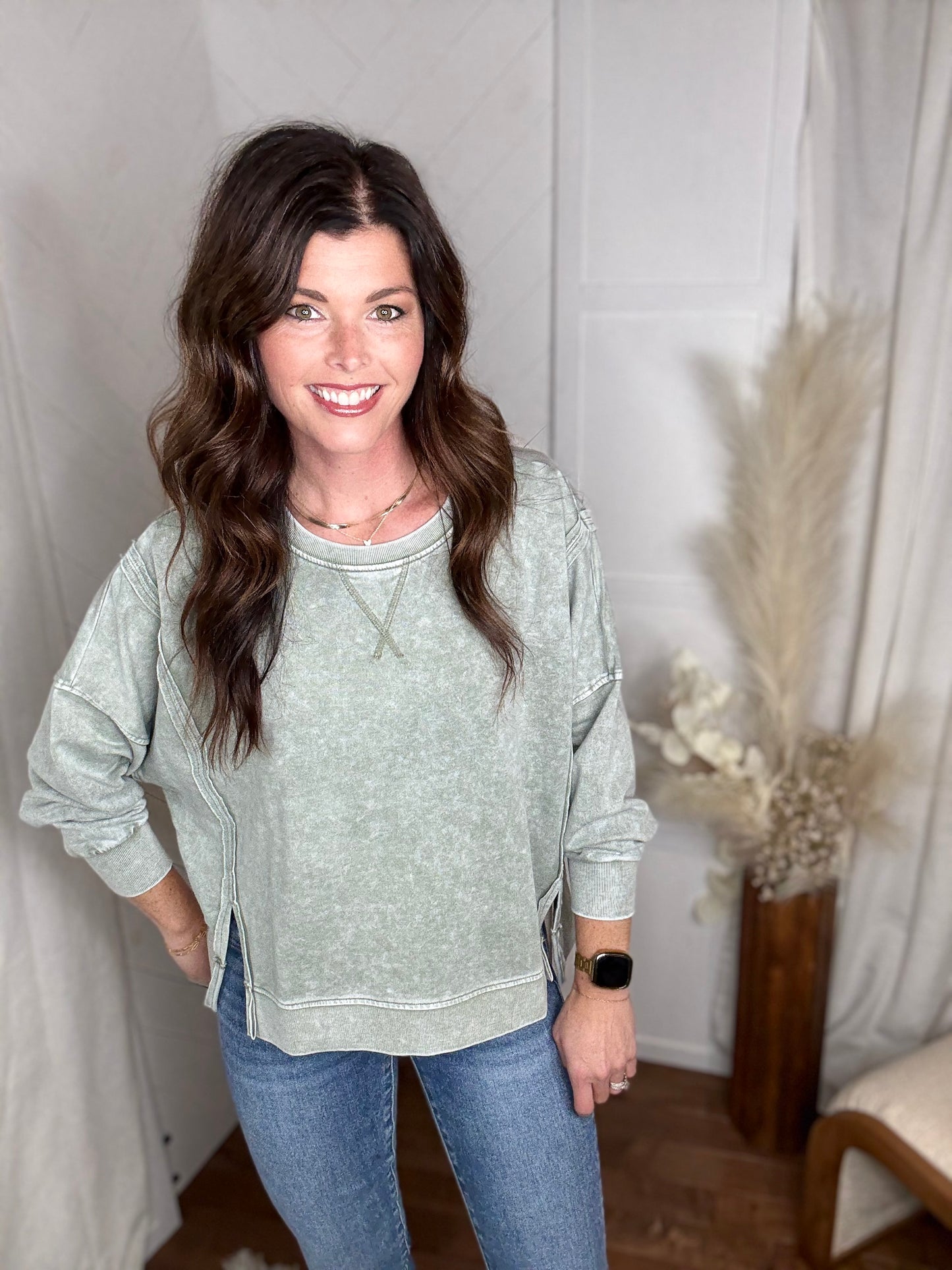 Sage Mineral Wash High Low Knit Top