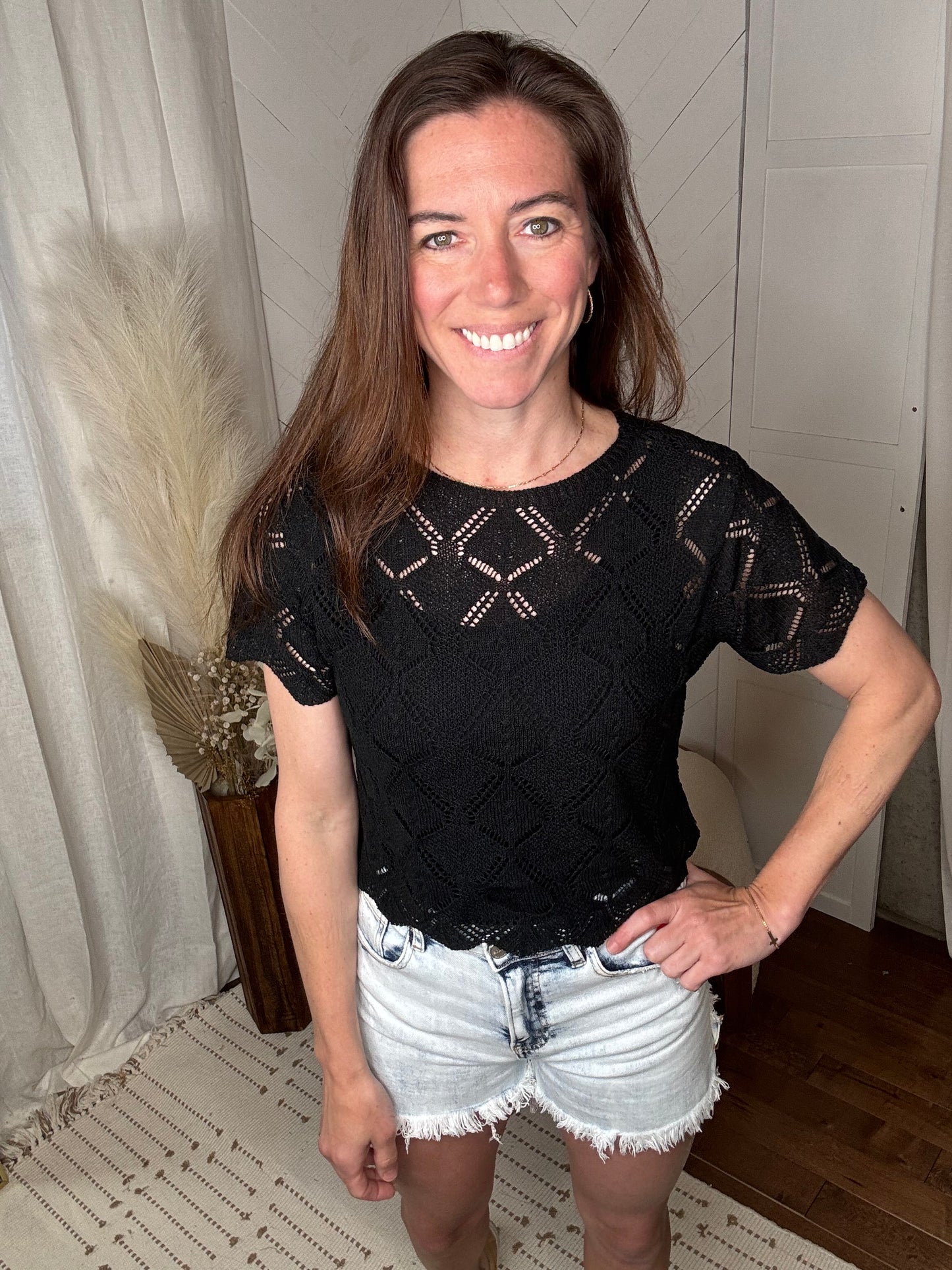 Black Short Sleeve Crochet Crop