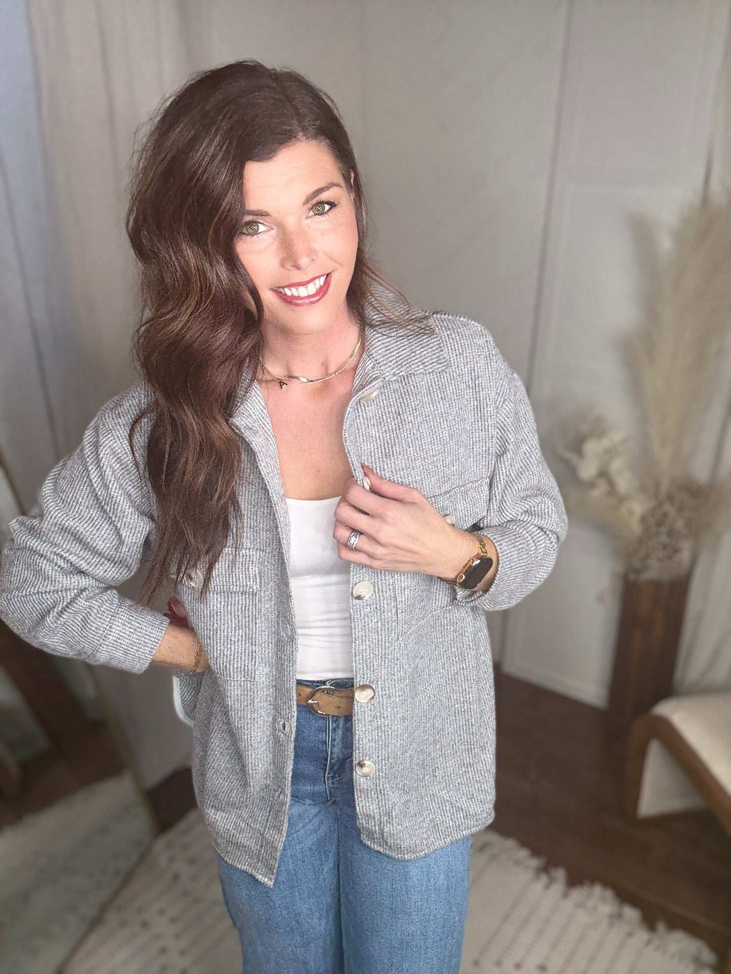 Brushed Waffle Shacket: Grey