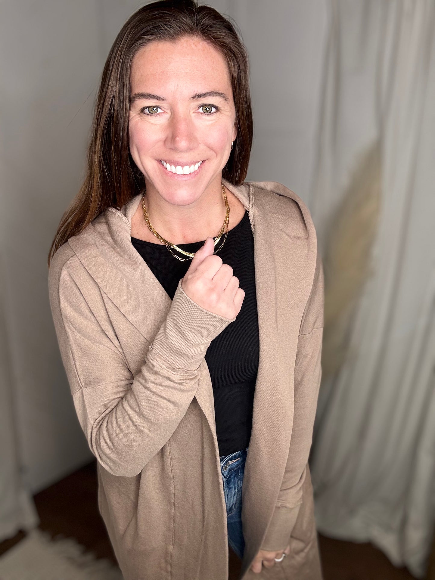 Silken Taupe Open Front Longline Hoodie Cardigan